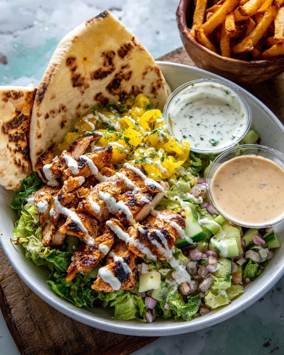 A white bowl filled with a layered dish starting with chopped green lettuce and fresh cucumber pieces at the base. On top, there are grilled, browned strips of chicken with a slight char, drizzled with light tan and white creamy sauces. Scattered throughout are bits of white cheese and small slices of bright purple onion and yellow pepper. Two folded pieces of naan bread sit on the right side of the bowl. Next to the bread are two small metal cups filled with tan and white sauces. The bowl sits on a white marbled surface with some fries blurred in the background. Photo taken with an iphone --ar 4:5 --v 7