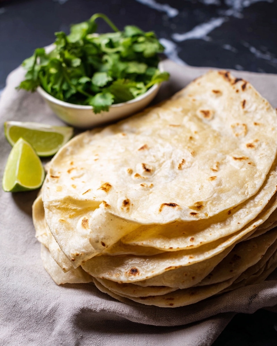 A stack of soft, round flatbreads with a light golden color and some scattered brown spots indicating they are cooked, layered slightly unevenly and folded at the edges. Next to the flatbreads is a rustic brown bowl filled with fresh green cilantro leaves and lime wedges that are bright green with a juicy texture. Both items are placed on a white marbled surface, creating a clean and simple background. The overall scene is warm and inviting, showing the flatbreads as the main focus, with the cilantro and lime adding fresh color contrast. photo taken with an iphone --ar 4:5 --v 7