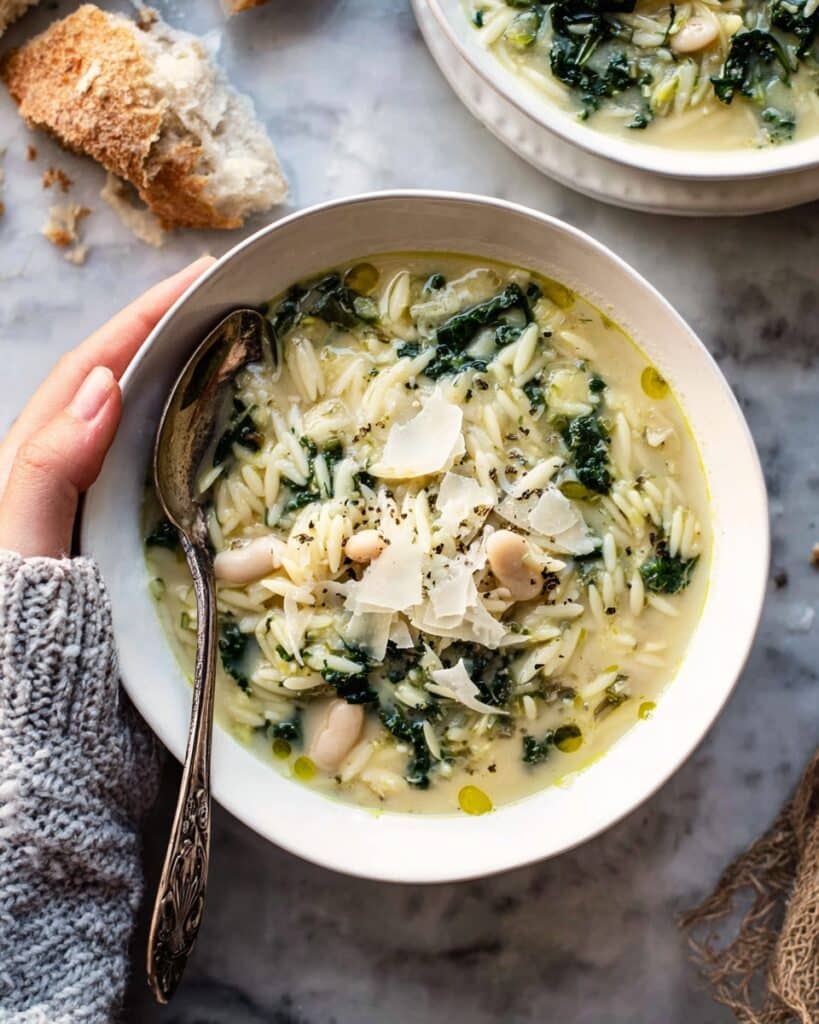 Creamy White Bean Lemon Pesto Orzo Soup Recipe