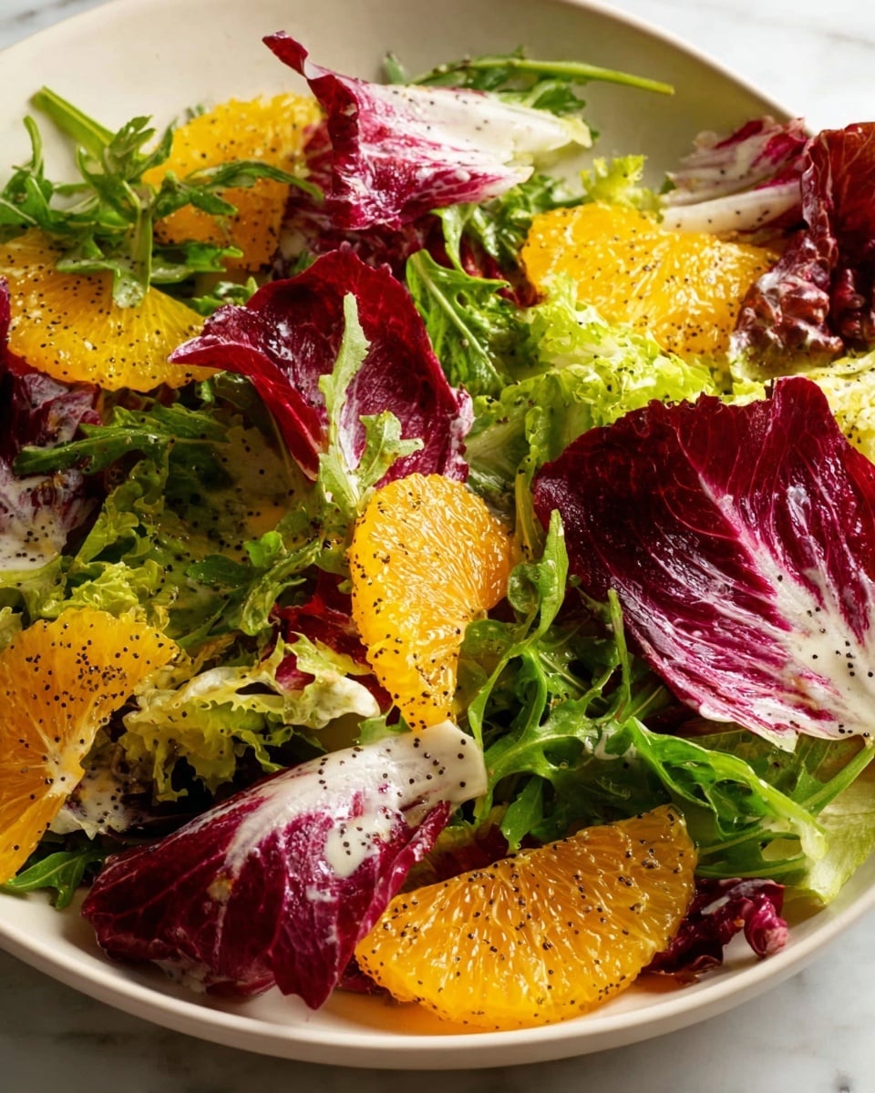 A close-up view of a fresh salad on a white plate set against a white marbled texture, featuring three main layers: the base of bright green arugula leaves with a slightly rough texture, scattered deep purple radicchio pieces with smooth white veins in the middle, and thinly sliced round orange segments layered on top, showing a juicy and slightly translucent texture. The salad is lightly drizzled with a yellow dressing speckled with tiny black seeds, evenly spread across the orange slices and greens, adding a glossy finish to the vibrant colors. photo taken with an iphone --ar 4:5 --v 7
