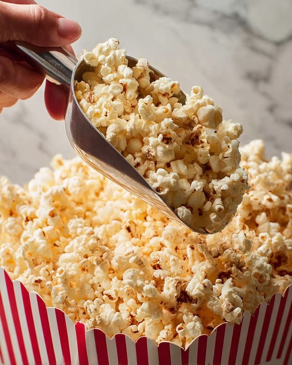 A woman's hand holds a red and white striped popcorn box tilted slightly to pour golden yellow popcorn that has light brown toasted spots from a silver metal scoop into it, with a large pile of similar popcorn in a white bowl below. The close-up shot captures the fluffy texture of the popcorn with some showing round puffed shapes and slight shine under soft natural light, all set against a white marbled textured surface. Photo taken with an iphone --ar 4:5 --v 7