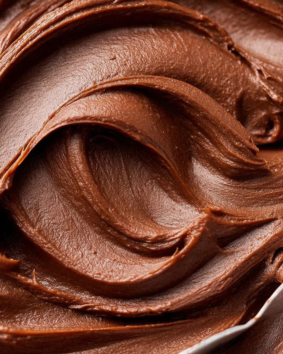 A close-up view of a smooth, rich chocolate frosting with a creamy, thick texture. The frosting is spread evenly with gentle, swirling peaks and valleys, showing its soft and glossy surface. A metal spoon edge is slightly visible at the bottom near the chocolate, which is contained in a clear glass jar. The whole scene is set on a white marbled texture. photo taken with an iphone --ar 4:5 --v 7