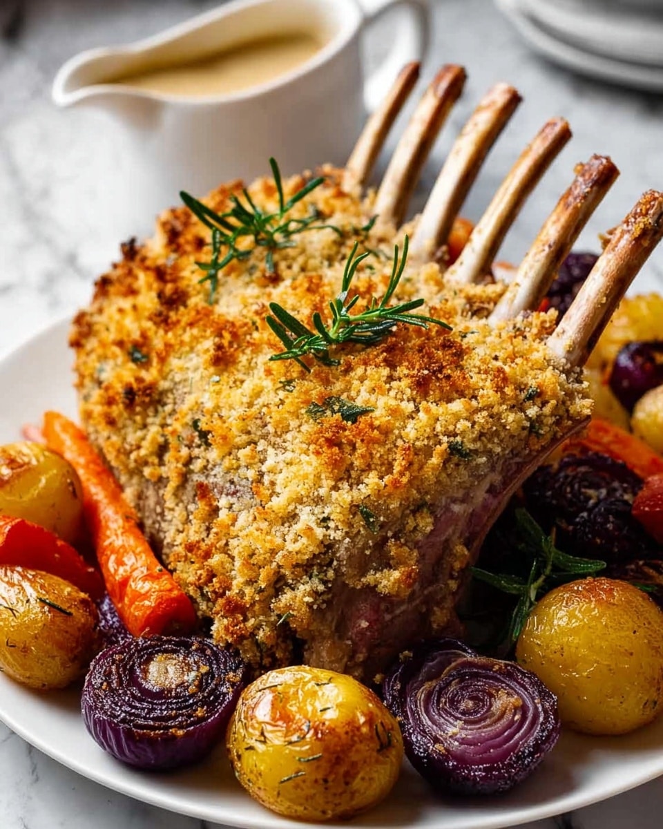 A white plate holds a large rack of lamb with a golden-brown, crispy herb crust covering the meat, giving it a textured and crunchy top layer. The ribs stick out on one side, showing a slightly charred bone texture. Surrounding the lamb are roasted vegetables including caramelized golden potatoes, deep purple onions, and orange carrots, creating a colorful and warm mix around the main dish. Sprigs of fresh green rosemary are placed on top of the lamb and scattered among the vegetables, adding a touch of freshness. In the background, there is a white sauce pitcher with creamy sauce inside. The whole setup rests on a white marbled surface. photo taken with an iphone --ar 4:5 --v 7