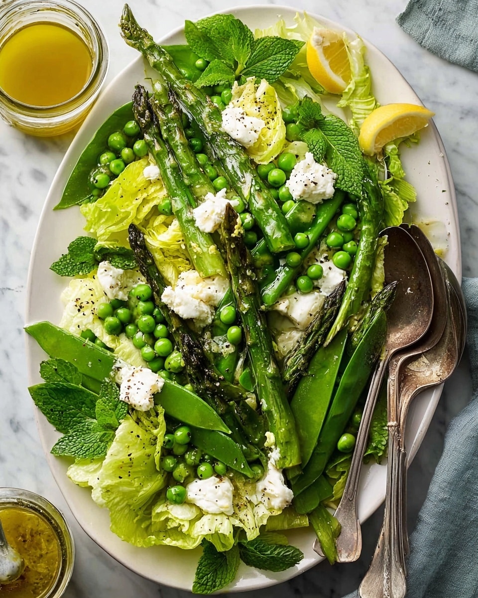 A white oval plate holds a fresh green salad with three main layers: the base layer is made up of large green lettuce leaves and snap peas, the middle layer features bright green asparagus spears arranged diagonally, and the top layer is made of small green peas scattered across with crumbled white cheese placed unevenly. Thin lemon slices are layered on top near one side, while small mint leaves are mixed in. A silver spoon and fork rest on the right side of the plate, partly inside it. The plate sits on a white marbled surface with a jar of yellow dressing and a white cloth nearby. Photo taken with an iphone --ar 4:5 --v 7