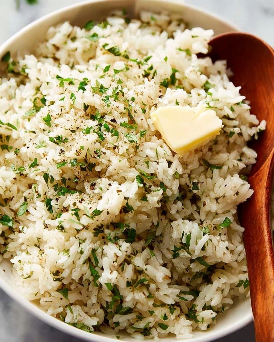 A close-up of a wooden spoon filled with cooked white rice mixed with finely chopped green herbs, showing a soft texture and light seasoning. On top of the rice, near the center, is a small dollop of melting pale yellow butter, partially covered by small green herb pieces. The background consists of a white marbled surface with some loose grains of rice scattered around, enhancing the natural look of the dish. photo taken with an iphone --ar 4:5 --v 7