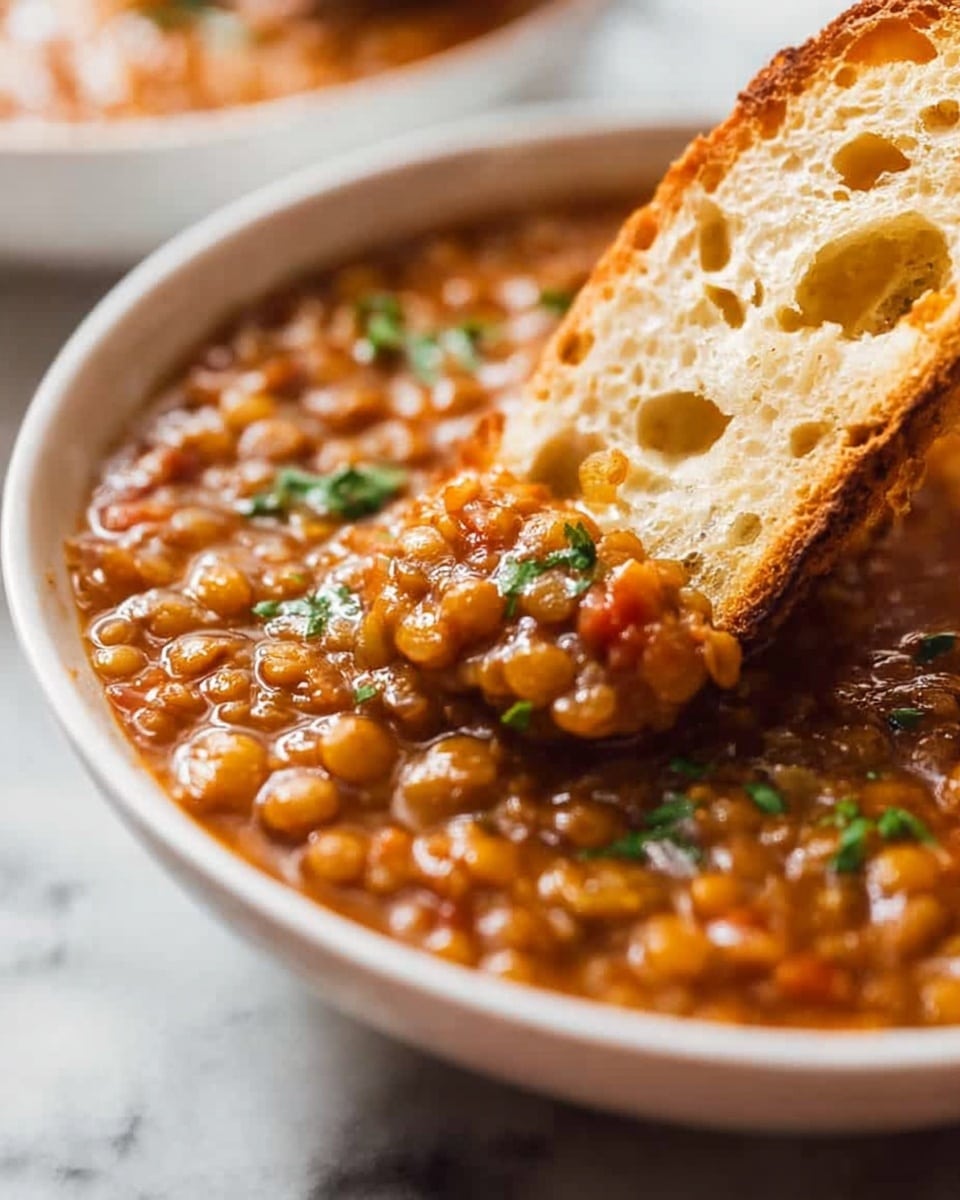 A close-up view of a bowl filled with thick lentil soup showing a rich, brown-orange color with a chunky texture made of soft lentils and small bits of herbs like parsley on top. A crispy toasted slice of bread with a golden crust is dipped into the soup on the right side of the image, revealing the soft inside soaked with soup. The white bowl rests on a white marbled surface, adding a clean and simple background to the hearty dish. photo taken with an iphone --ar 4:5 --v 7