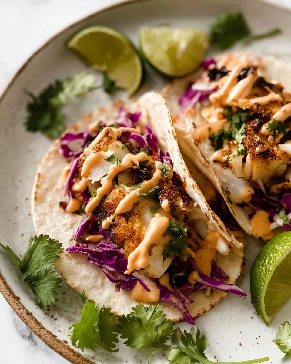 The image shows two soft white tortillas folded and filled with three main layers: the bottom layer has bright purple shredded cabbage, the middle layer has golden-brown grilled fish pieces with a slightly crispy texture, and the top layer is creamy light orange sauce drizzled over the fish, topped with small green cilantro leaves. The tacos are on a round white plate with a speckled edge, set on a white marbled surface. Lime wedges and fresh cilantro sprigs are placed around the plate for decoration. photo taken with an iphone --ar 4:5 --v 7