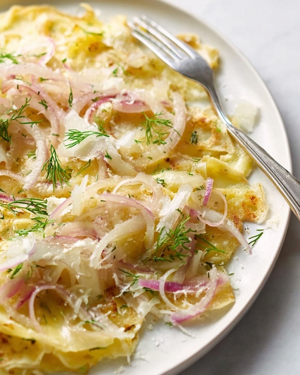 A close-up view of a dish on a white plate filled with thin, translucent slices of cabbage mixed with thin rings of light purple onion. The cabbage and onion are layered unevenly, soaked in a golden-yellow liquid, likely dressing or oil. Small green herb sprigs are scattered on top, along with a light sprinkling of grated white cheese and cracked black pepper. A silver fork is resting on the plate, catching some of the onions on its tines. The plate sits on a white marbled surface. photo taken with an iphone --ar 4:5 --v 7