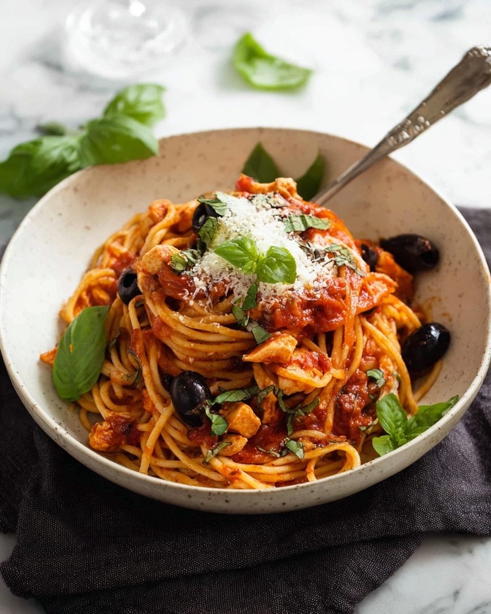 A deep white bowl filled with three layers of spaghetti mixed with a rich red tomato sauce, scattered slices of black olives, small chunks of cooked sausage, and pieces of chicken. The pasta is topped with fresh green basil leaves and a small pile of grated white cheese in the center. A fork rests inside the bowl, and the bowl sits on a dark cloth on a white marbled surface with a glass of water nearby. photo taken with an iphone --ar 4:5 --v 7