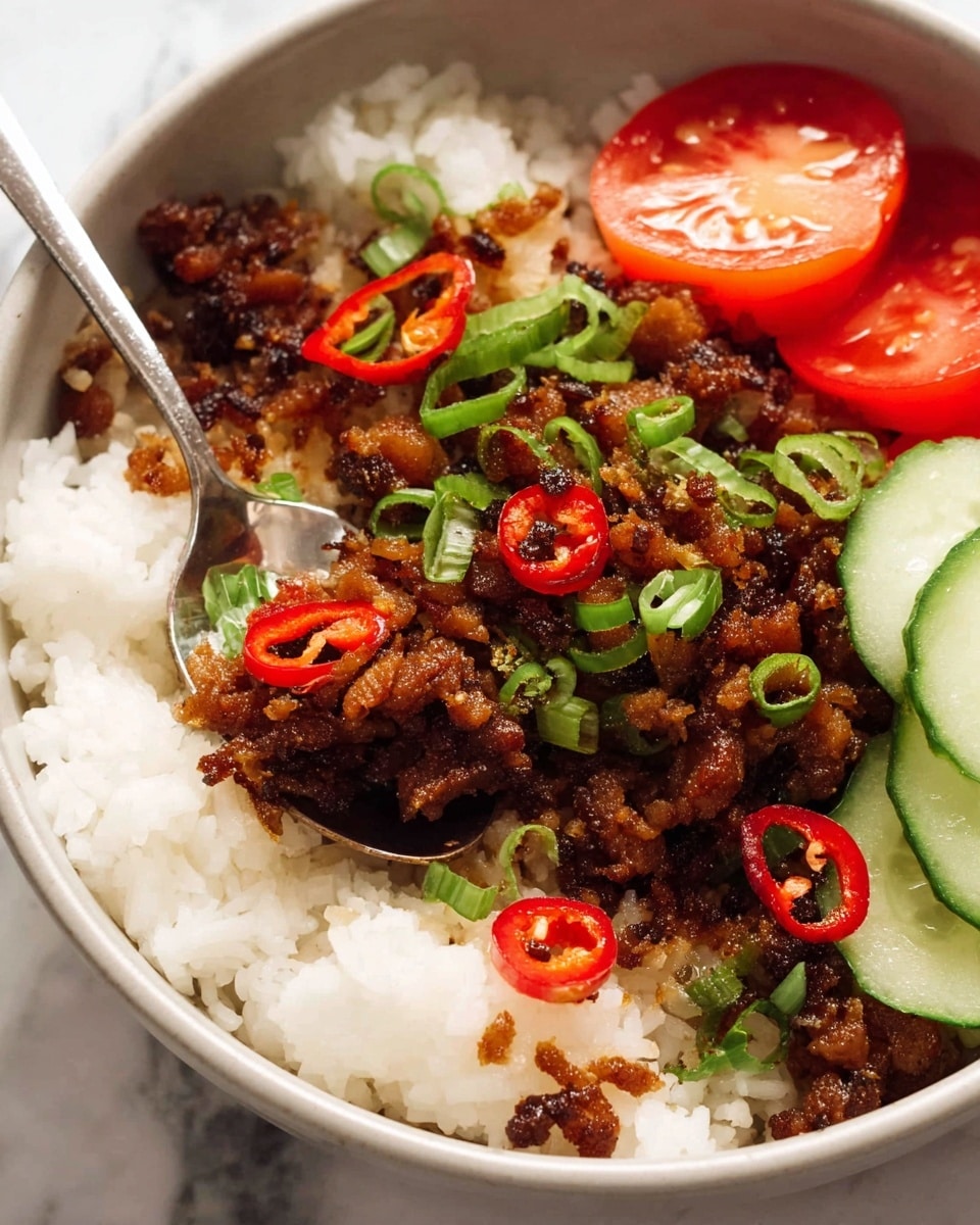 The image shows a close-up of a bowl with a white marbled texture surface, filled with three main layers: at the base is white, fluffy rice, topped with dark brown, crispy fried minced meat scattered evenly across the rice layer. Thinly sliced bright red chili rings and small green scallion pieces are spread over the meat, adding pops of color. In the bottom left corner, there are a few wedges of bright red tomato and a slice of green cucumber partially visible. A silver spoon rests inside the bowl, slightly digging into the rice and meat mix. The scene is bright and sharp, capturing the textures of each ingredient clearly. Photo taken with an iphone --ar 4:5 --v 7