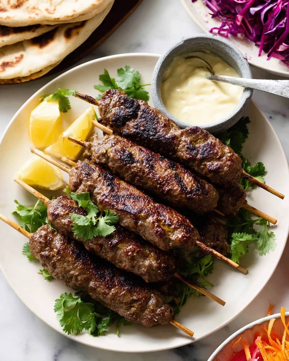 A white plate holds seven grilled meat skewers, each a dark brown with a shiny, slightly charred surface, arranged in a pile with some fresh green cilantro leaves scattered on top and underneath. To the left side of the plate, there are lemon wedges and more cilantro leaves. Partially visible is a small bowl with a creamy white sauce and a spoon resting inside it, and nearby are soft, light beige flatbreads. The scene is set on a white marbled surface with a hint of a bowl filled with colorful shredded purple cabbage and orange carrots in the upper right corner. Photo taken with an iphone --ar 4:5 --v 7