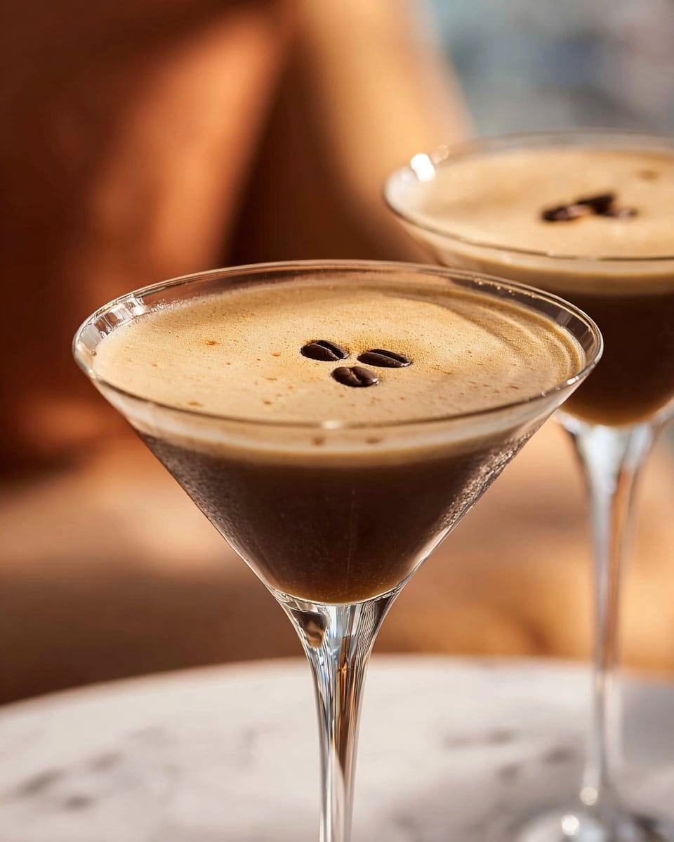 The image shows two espresso martini cocktails in clear, tall-stemmed martini glasses. Each drink has a thick, creamy golden-brown foam layer on top, smooth in texture, with three dark brown coffee beans placed gently in the center for decoration. The liquid beneath the foam is dark brown, almost black, visible through the glass just below the foam layer. The setting has a soft, warm light with a blurred background and the glasses sit on a white marbled surface. photo taken with an iphone --ar 4:5 --v 7