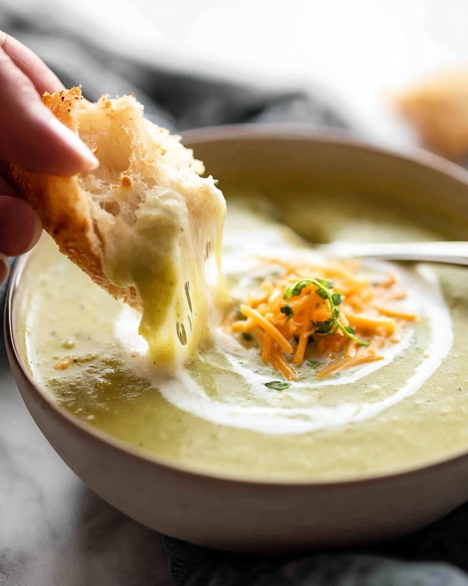 A close-up view of a creamy green soup in a white bowl with a smooth texture layer, topped with a drizzle of white cream forming a swirl pattern and a small pile of orange shredded carrots with green herbs near the center; a woman's hand is dipping a piece of flatbread with a golden-brown crust and melted cheese stretching between the bread and the soup, all set on a white marbled texture surface. Photo taken with an iphone --ar 4:5 --v 7