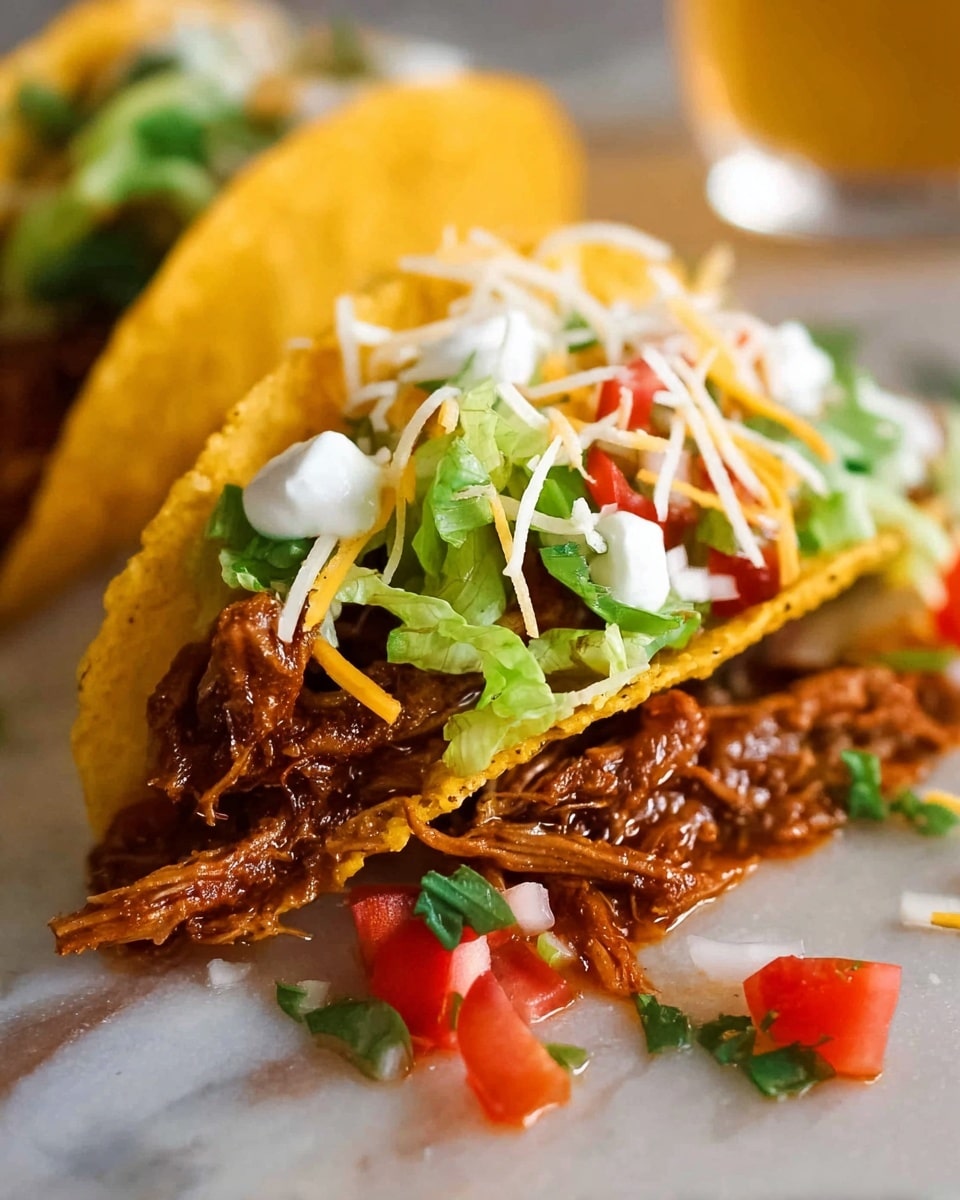 A close-up of a taco with four main layers is shown on a white marbled surface. The bottom layer is dark, saucy shredded meat spilling slightly out of a yellow taco shell. The second layer is finely chopped red onions and small green herbs mixed with the meat. The third layer is thinly shredded white cheese nestled on top, with chopped green lettuce and bits of red tomato visible above. Finally, a white cream sauce is dolloped on top. The taco sits beside small chunks of tomato and avocado, with some sauce and herbs scattered around. In the blurry background, a yellow drink in a glass is partially visible. photo taken with an iphone --ar 4:5 --v 7