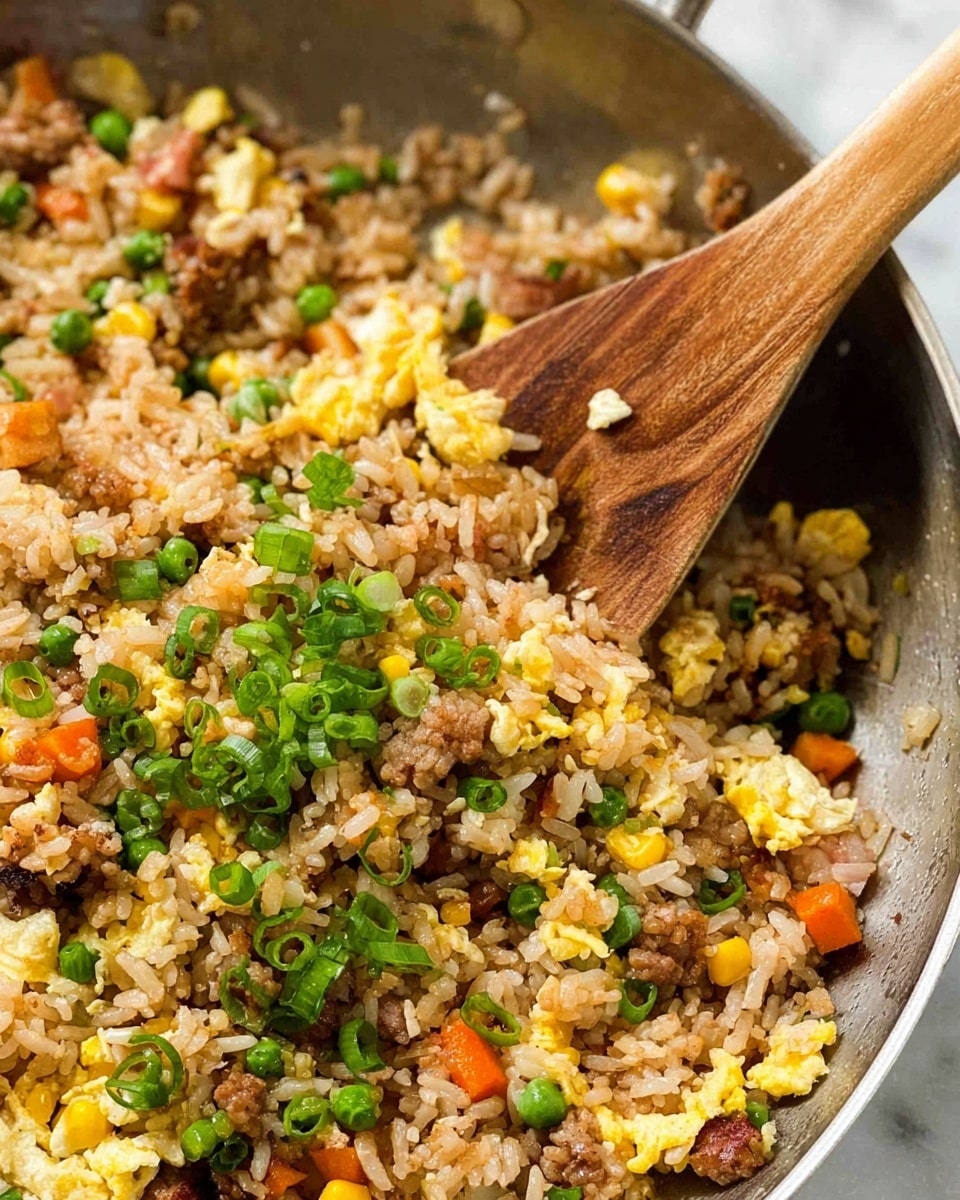 A close-up view of a pan with fried rice showing a mix of light brown cooked rice grains, scrambled eggs in irregular soft yellow chunks, small bright green peas, orange carrot cubes, yellow corn kernels, and pieces of cooked bacon with a reddish-brown crispy texture. The wooden spatula with a smooth light wood texture is partially stirring the ingredients within the pan, which has a metallic grey surface. The overall image has a warm, homely feel with the food appearing slightly oily and well mixed. photo taken with an iphone --ar 4:5 --v 7