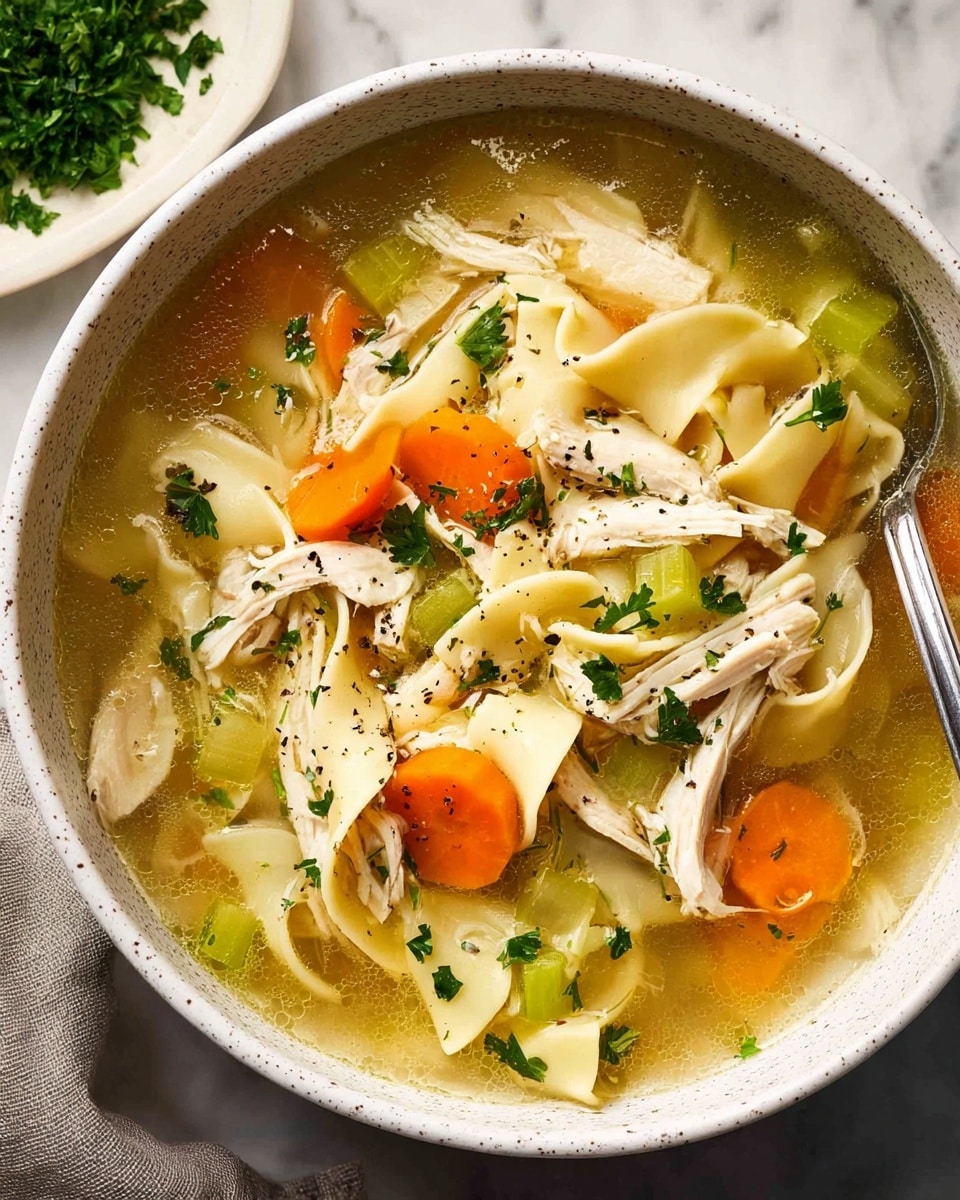 A white speckled bowl filled with chicken noodle soup is shown from above, sitting on a white marbled surface. The soup has a clear golden broth with broad, flat, light yellow noodles layered at the bottom and sides. There are bright orange carrot chunks and green celery pieces scattered throughout. On top, several shredded white chicken pieces are arranged, sprinkled with small green herb leaves and black pepper. A silver spoon rests inside the bowl on the right side, partially submerged in the soup. In the background to the top right, a small white plate holds chopped green herbs. Photo taken with an iphone --ar 4:5 --v 7