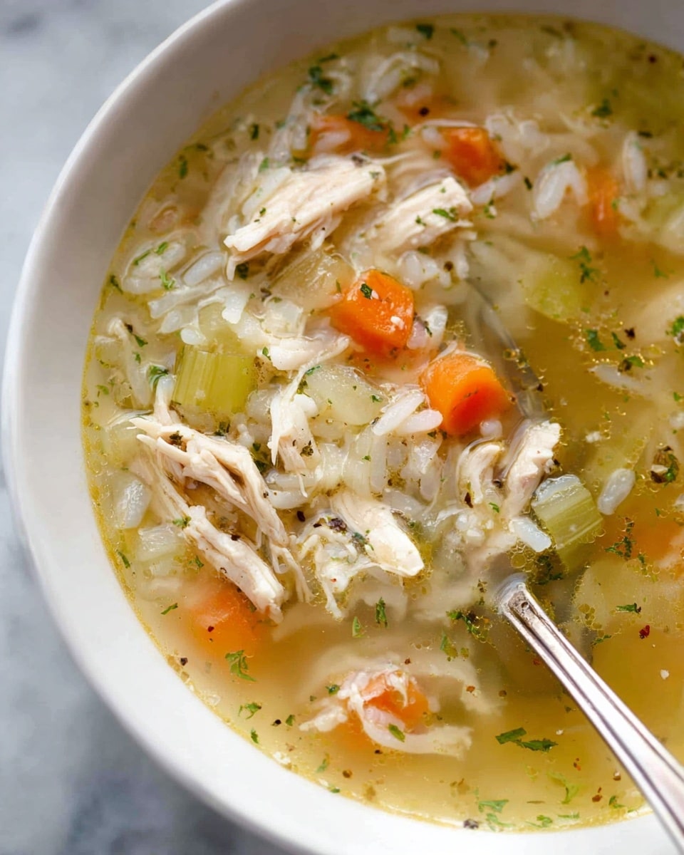The image shows a close-up of a bowl of chicken soup with layers of shredded white chicken pieces, white rice, and small chopped vegetables including orange carrots and light green celery, all floating in a clear, light golden broth. The soup is garnished with small bits of green herbs and tiny black pepper flakes. A metal spoon is placed in the bowl on the right side, slightly submerged in the broth, resting against the inner edge. The bowl is white and set on a surface with a white marbled texture. The soup looks warm and comforting with a mix of soft and slightly chunky textures. photo taken with an iphone --ar 4:5 --v 7