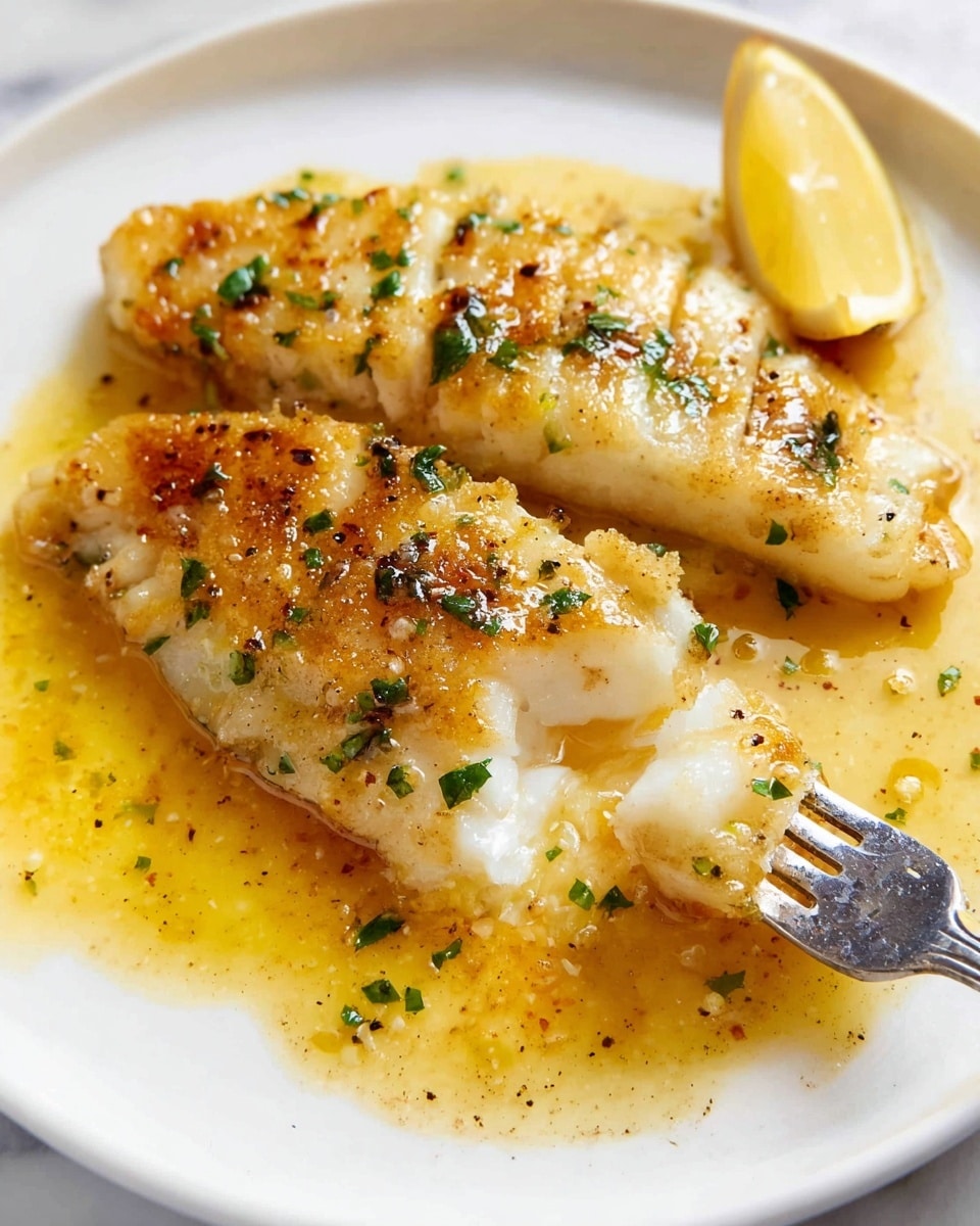 The image shows a white plate with two pieces of golden brown cooked fish, each fillet covered with a shiny, slightly oily sauce that pools on the plate. The fish fillets have a light, crispy texture on top and are garnished with small pieces of chopped green herbs and a sprinkle of black pepper. The bottom left fillet is partially broken apart with a silver fork, revealing moist, flaky white fish layers inside. A slice of lemon is partly visible underneath the sauce near the bottom edge of the plate. The plate sits on a white marbled surface. photo taken with an iphone --ar 4:5 --v 7