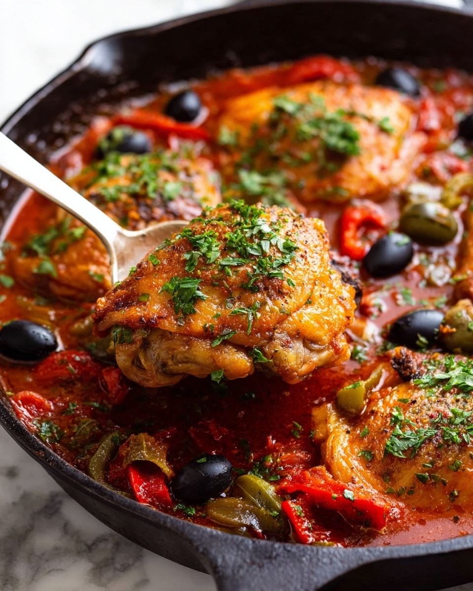 A black skillet holds a rich, deep red tomato sauce layer with chunks of olives and bell peppers, creating a textured and colorful base. On top, there are three pieces of golden brown, crispy chicken thighs with a slightly shiny, crunchy skin. Thin slices of bright red chili peppers are scattered across the chicken and sauce, adding sharp color contrast, along with a sprinkle of finely chopped green herbs for freshness. A silver spoon partly lifts one piece of chicken, showing its tender side beneath the crisp top. The skillet rests on a white marbled surface. Photo taken with an iphone --ar 4:5 --v 7