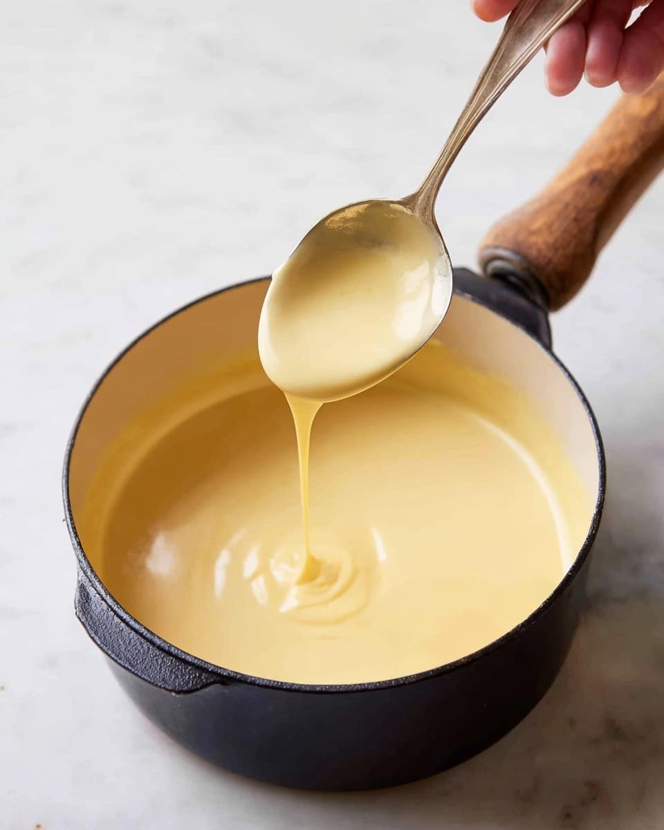 A close-up image shows a black pot with a light cream-colored inside filled with smooth, thick, light beige sauce. A spoon above the pot is dripping the same sauce back into it, creating a thin stream. The pot has a wooden handle on the left side and is placed on a white marbled surface. The sauce has a creamy texture and soft color with a few small bubbles visible, showing its richness. Photo taken with an iphone --ar 4:5 --v 7