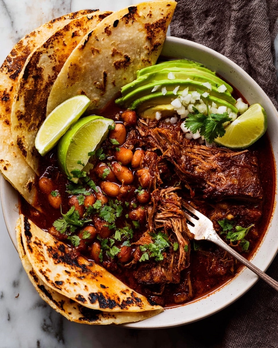 A white bowl holds a stew of rich dark red sauce with beans and tender shredded meat in the center right, garnished with green cilantro leaves. On the left side inside the bowl, there are slices of light green avocado topped with finely chopped white onions. Two bright green lime wedges rest near the avocado. Around the bowl, several toasted flour tortillas with dark brown char marks are placed, some folded and some open. A silver fork is picking up some shredded meat from the stew. The bowl sits on a white marbled surface with additional lime wedges scattered around. photo taken with an iphone --ar 4:5 --v 7