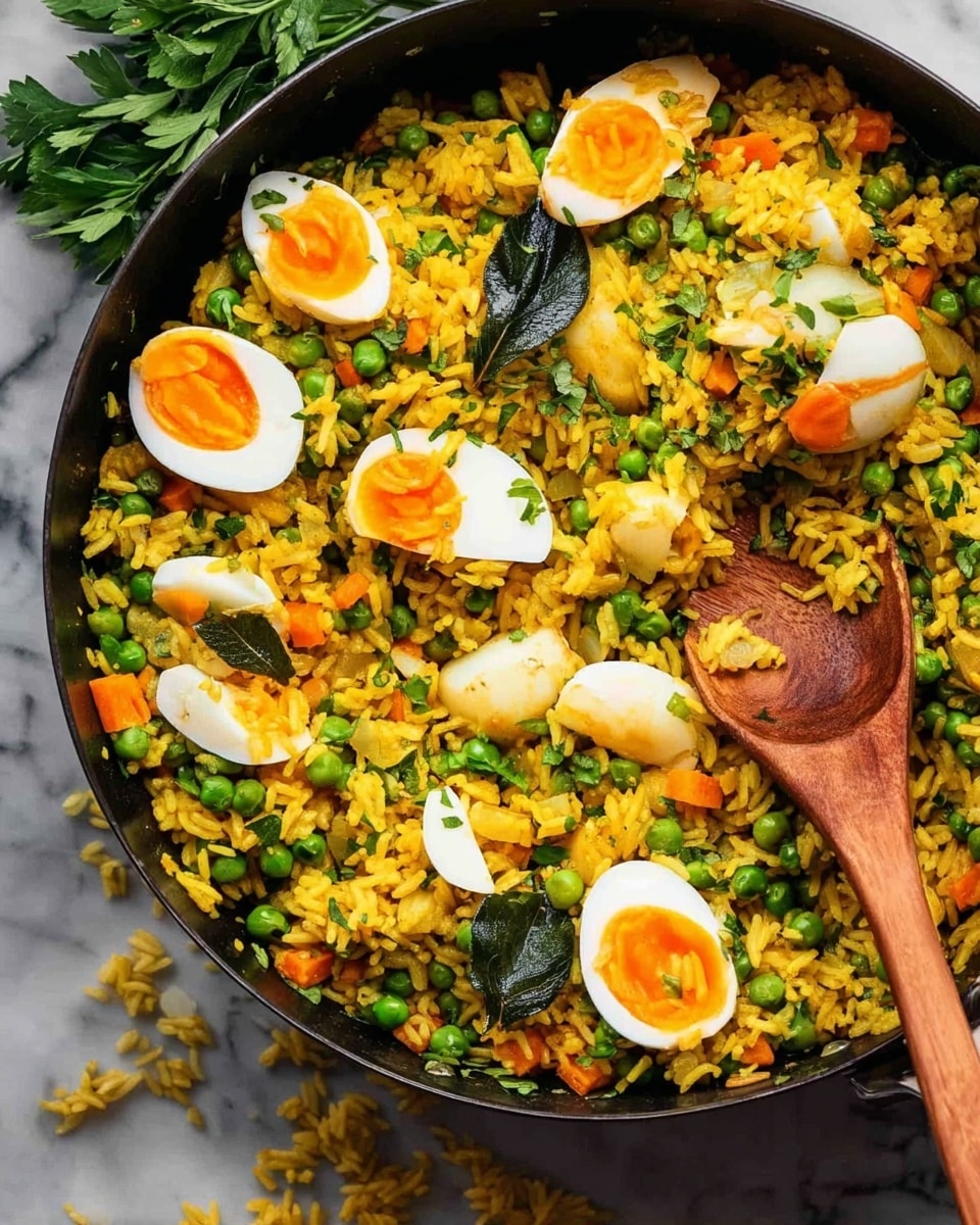 A close-up of a black pan filled with yellow cooked rice mixed with green peas and chopped herbs, sprinkled with green leaves. On top, there are several halved boiled eggs with bright yellow yolks and white edges, placed evenly over the rice. There are also small pieces of orange carrots and green curry leaves visible within the rice mix. A wooden spoon is scooping into the rice on the right side, showing the texture of the grains and ingredients closely. The pan sits on a white marbled surface with a small bunch of fresh green curry leaves resting on the left side. Photo taken with an iphone --ar 4:5 --v 7