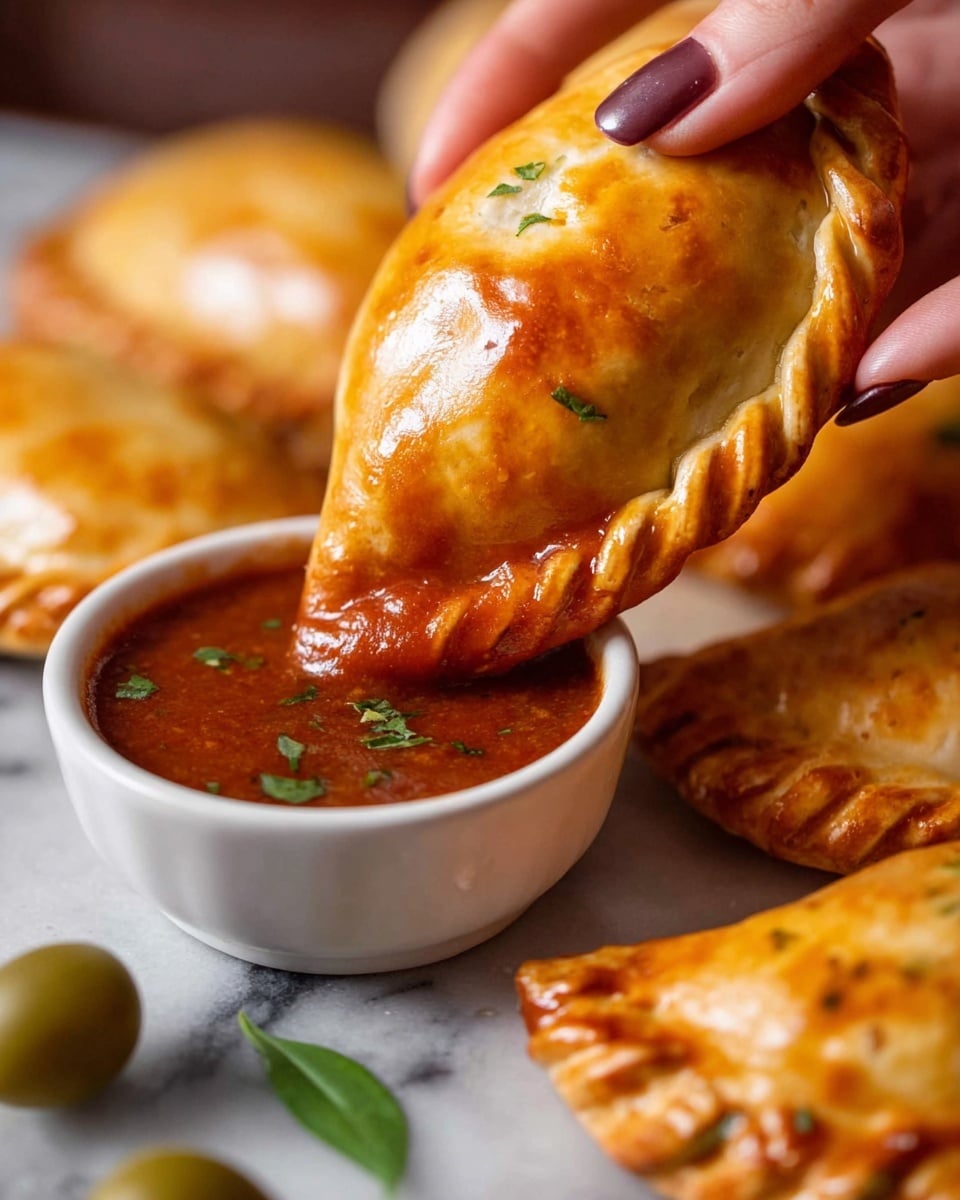 A close-up view of a golden-brown empanada with a shiny, braided edge being dipped into a white bowl filled with thick, rich red tomato sauce with small green herb pieces, all set on a white marbled surface. Surrounding the bowl and empanada are several more empanadas with similar glossy crusts in warm yellow-orange tones, accompanied by a few green olives with stems and some chopped white garlic pieces. A woman's hand is holding the empanada near the top left corner of the image. photo taken with an iphone --ar 4:5 --v 7
