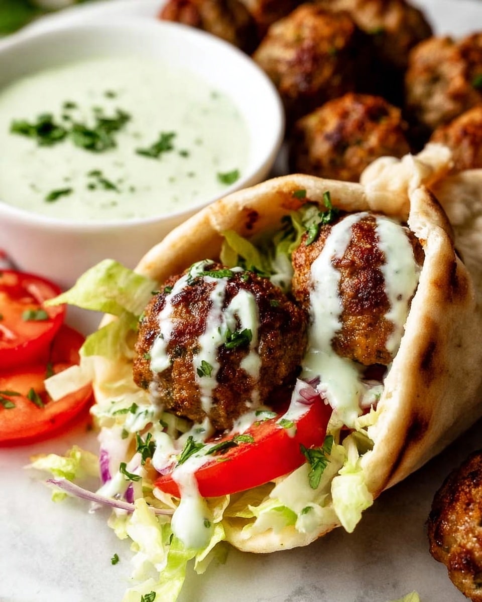 The image shows a close-up of a pita sandwich filled with two grilled meatballs that have a dark brown, textured crust. Inside the pita, there is a layer of thinly shredded light green lettuce and bright red tomato slices, with some small pieces of purple onion visible. The meatballs and vegetables are drizzled with a creamy white sauce that has green herbs mixed in. In the background, more meatballs are scattered, also sprinkled with green herbs. To the right of the pita, there is a white bowl filled with a pale green creamy sauce, also garnished with small green herb pieces. The whole scene is set on a white marbled surface. photo taken with an iphone --ar 4:5 --v 7