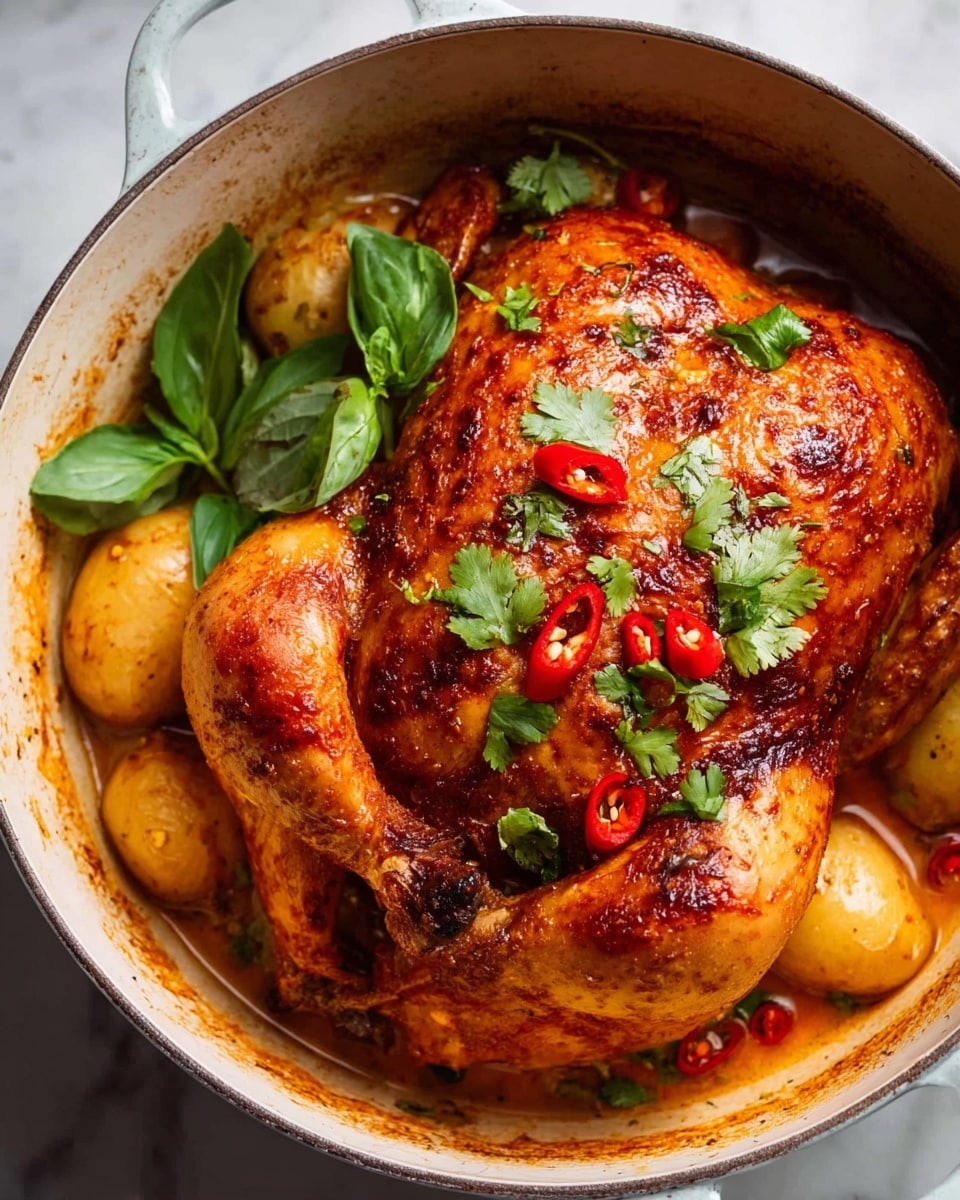 A whole roasted chicken with crispy brown skin sits in a white pot. The chicken is topped with bright red chili slices and fresh green cilantro leaves scattered on top and around it. Small round potatoes with a golden-brown color are placed beside the chicken, partly covered in reddish sauce. Fresh green basil leaves rest near the chicken, adding a touch of color. The pot has a white interior with a slight orange tint from the sauce inside, and is placed on a white marbled surface. photo taken with an iphone --ar 4:5 --v 7