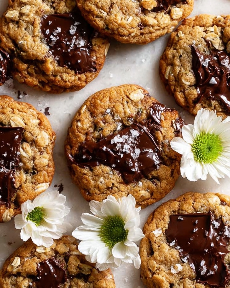The image shows a pile of oatmeal cookies with large, dark chocolate chunks, placed closely on a white marbled surface. Each cookie is golden brown with a rough texture from the oats and features shiny, melting dark chocolate pieces scattered on top. Some cookies have a sprinkle of coarse sea salt giving a slight contrast and texture. There are a few white flowers with green centers and green leaves placed on and around the cookies, adding a fresh look. Loose oat flakes are scattered here and there around the cookies, enhancing the rustic feeling. photo taken with an iphone --ar 4:5 --v 7