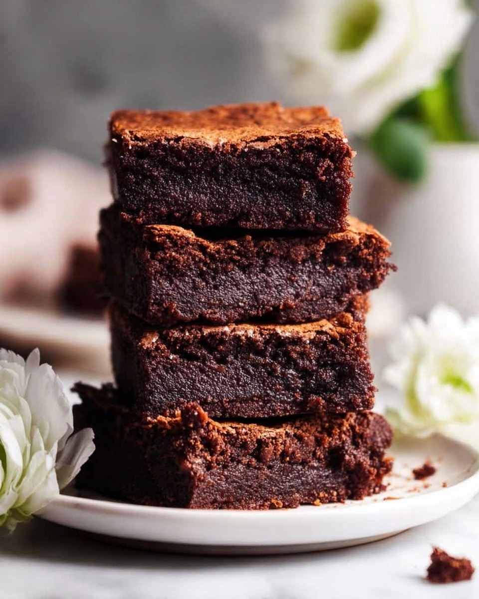 A stack of four chocolate brownies sits on a white plate, each brownie showing a rich, dark brown color with a slightly cracked and crispy top layer. The texture of the brownies looks dense and fudgy with small air pockets and chocolate chunks visible inside. There are small crumbs scattered around the plate, and a white flower lies beside the stack on a white marbled surface. The background is softly blurred with neutral tones, emphasizing the rich details of the brownies. Photo taken with an iphone --ar 4:5 --v 7