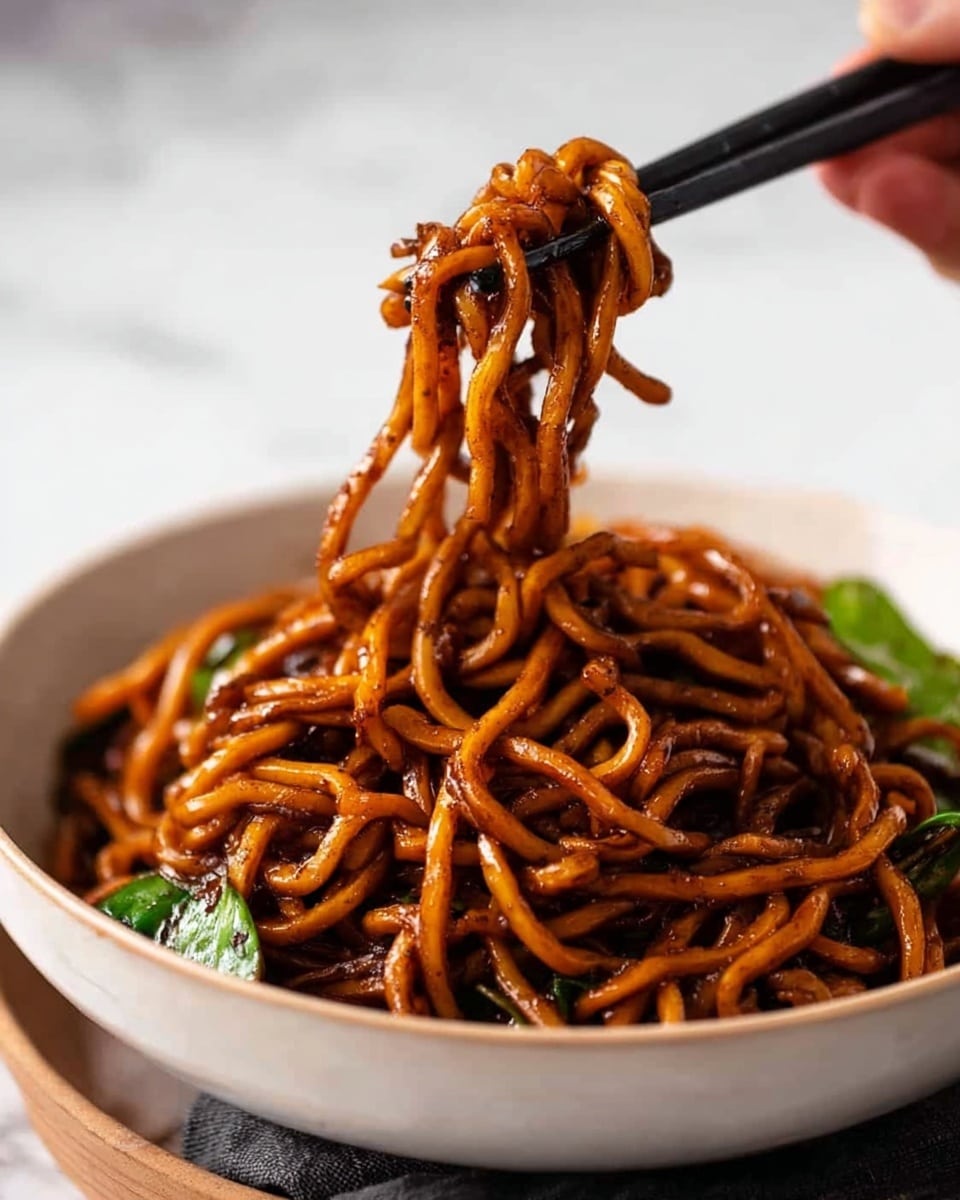 A close-up view of thick orange-brown noodles coated in a glossy sauce, piled in a white bowl with a few green leafy vegetables mixed in. A woman's hand holding black chopsticks is lifting a bundle of noodles from the bowl, showing the texture and shine of the sauce on each strand. The bowl rests on a white marbled surface, creating a clean and simple background. photo taken with an iphone --ar 4:5 --v 7