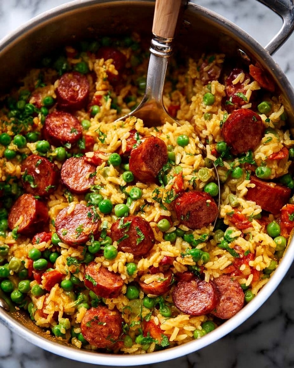 A close-up view of a silver pot filled with a colorful dish of cooked rice mixed with bright green peas, slices of browned sausage, and small pieces of yellow and red bell peppers. The rice grains are light tan, coated lightly with seasoning, and scattered evenly throughout the dish. The sausage slices are round, shiny, and deeply browned, adding contrast to the vibrant vegetables mixed in. A large metal spoon with a wooden handle is partially visible, stirring the mixture inside the pot. The pot is set on a white marbled surface. Photo taken with an iphone --ar 4:5 --v 7