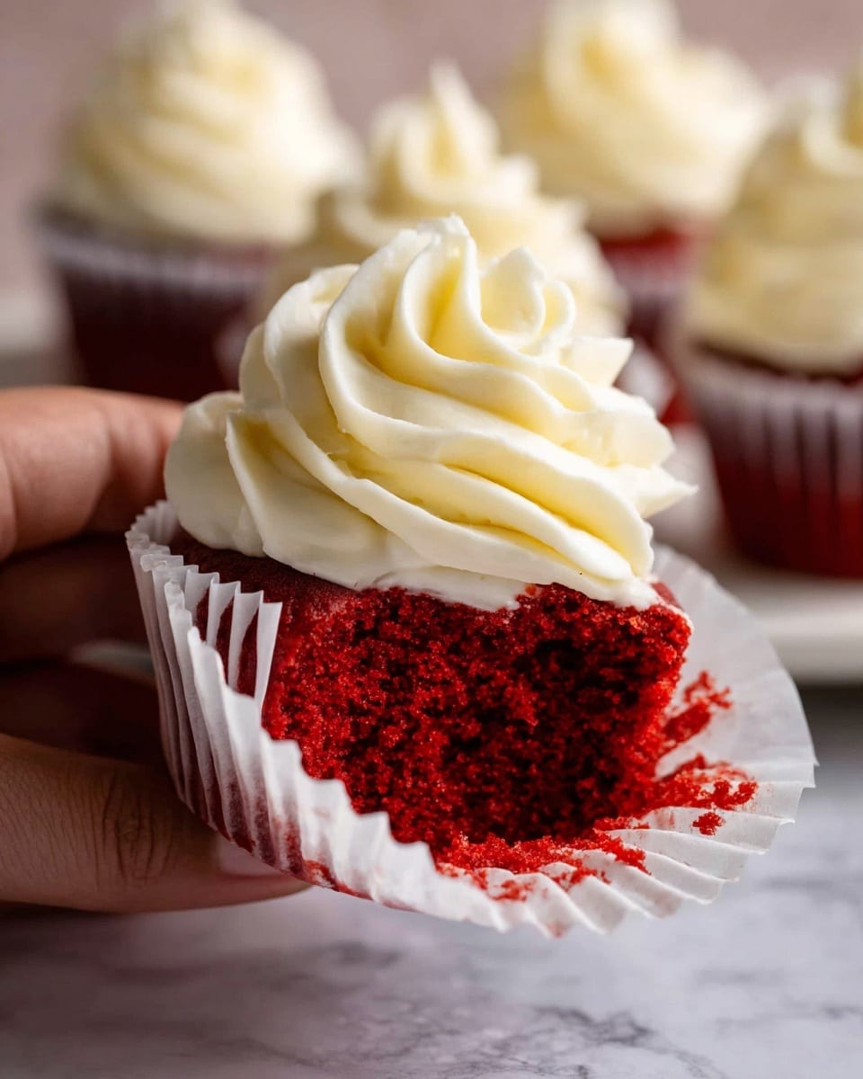 A bright red cupcake with a soft texture is being held by a woman's hand, with the red paper liner pulled down to show the bottom of the cupcake. It has one layer of red cake topped with a tall, smooth swirl of white cream frosting that is thick and creamy in texture. The background shows another cupcake blurred, and the surface is a white marbled texture. photo taken with an iphone --ar 4:5 --v 7
