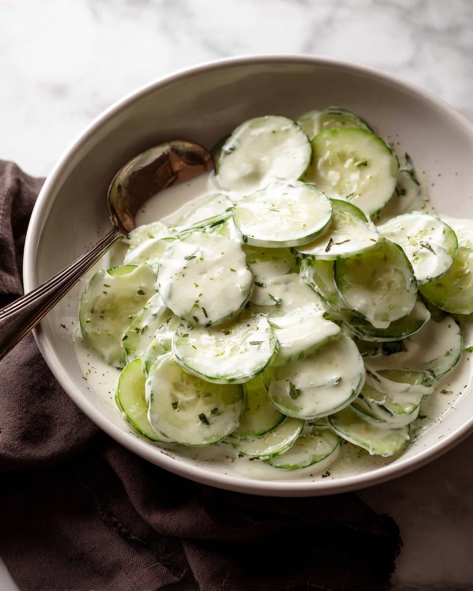 A close-up view of a white bowl filled with thin slices of pale green cucumber, layered loosely and covered in creamy white dressing with small specks of green herbs sprinkled throughout. The cucumbers have a slightly translucent, smooth texture and are dipped and partially submerged in the rich, thick sauce. A silver spoon rests inside the bowl on the right side. The bowl sits on a white marbled surface with a soft brown cloth partially visible to the left. photo taken with an iphone --ar 4:5 --v 7