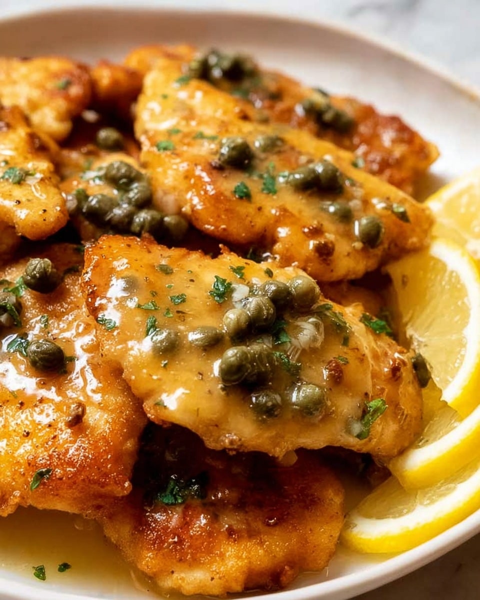 The image shows several pieces of golden brown, crispy breaded chicken layered closely on a white plate, each piece covered with a shiny, light yellow butter sauce that pools slightly at the base. Scattered over the chicken are small, dark green capers and chopped green herbs, giving a fresh contrast to the warm tones. To the side of the chicken, there are thin, pale yellow lemon slices adding brightness to the dish. The whole setup rests on a white marbled surface, highlighting the colors and textures of the food. Photo taken with an iphone --ar 4:5 --v 7