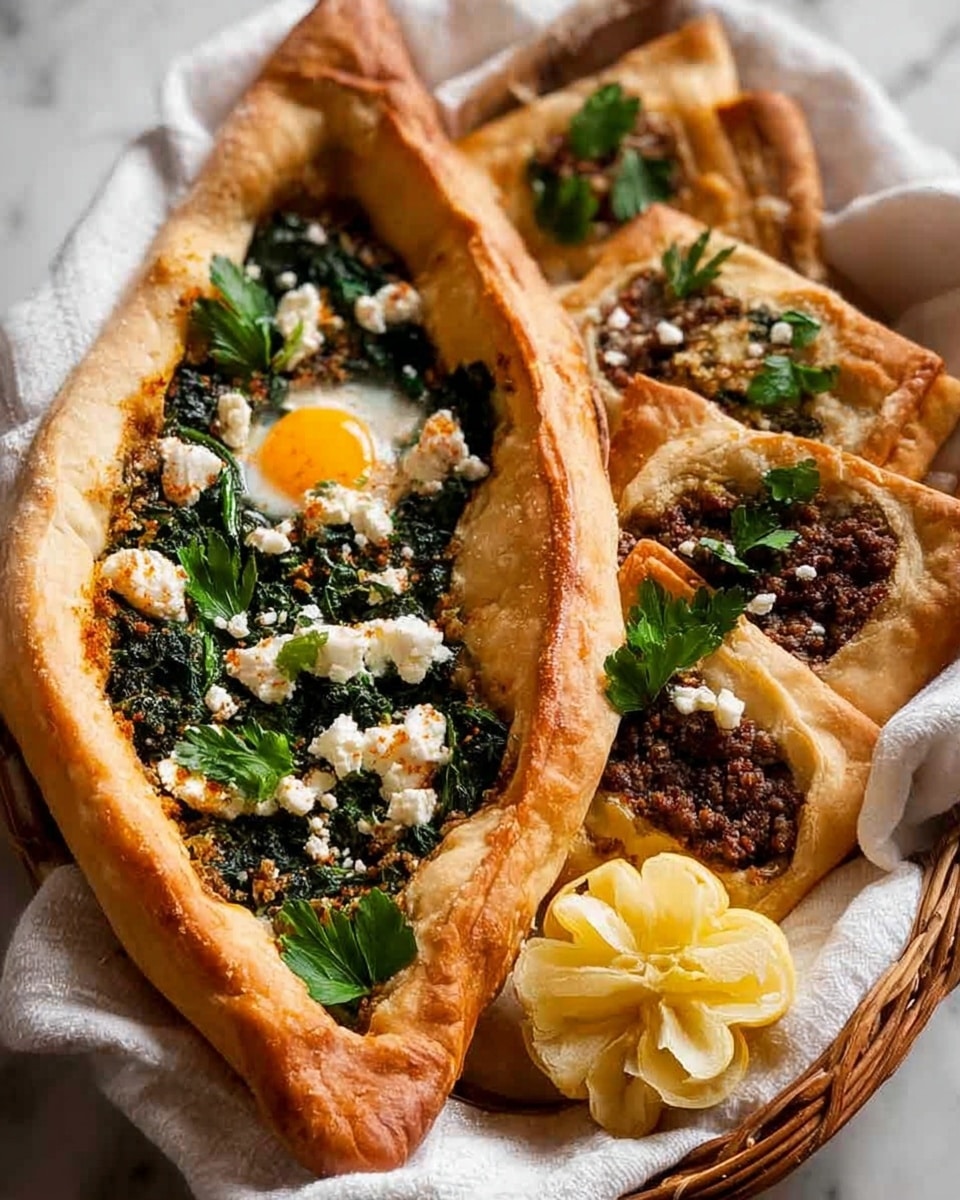 The image shows two types of filled flatbreads placed in a white tray lined with white parchment paper on a white marbled surface. On the left is an oval-shaped flatbread with a thick golden crust, filled with vibrant dark green spinach. There is a single bright orange egg yolk in the center, surrounded by crumbles of white cheese sprinkled with dark seasoning. On the right, there are rectangular flatbread pieces with folded edges, filled with a dark brown, chunky meat mixture, also topped with white cheese crumbles and scattered green herbs. Garnishing the tray are fresh green cilantro leaves and a lemon cut in a star shape. Photo taken with an iphone --ar 4:5 --v 7