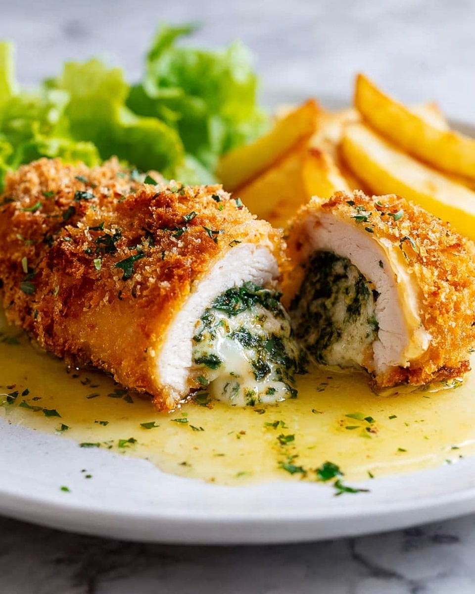 The image shows a white plate with two halves of a breaded chicken roll cut open, revealing a creamy green herb and cheese filling inside. The crispy golden brown outer crust looks crunchy and is sprinkled with green herbs. Around the chicken rolls is a pool of yellow butter sauce with green herbs mixed in. In the background, there is a small pile of fresh green lettuce and some light brown potato chips placed next to the chicken. The entire dish sits on a white marbled surface. Photo taken with an iphone --ar 4:5 --v 7