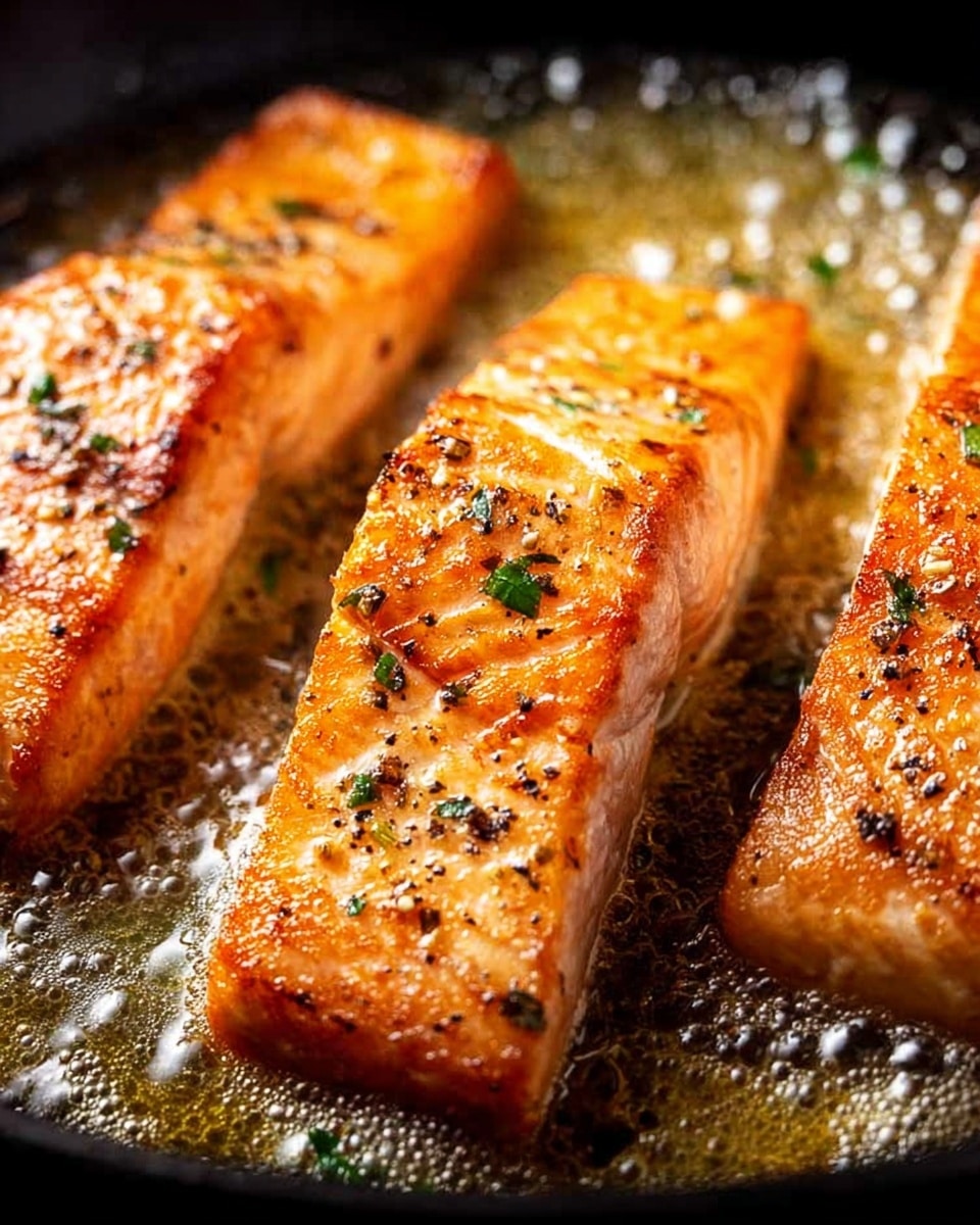 The image shows three pieces of cooked salmon fillets in a pan, each with a golden orange-brown color and a slightly crispy texture on the surface. The fillets have visible seasoning of black pepper and small green herbs scattered on top. The salmon rests in bubbling, golden butter that surrounds the fish, creating a shiny and rich look. The background is a close-up of a dark pan with bubbling butter in focus, highlighting the cooking process. photo taken with an iphone --ar 4:5 --v 7