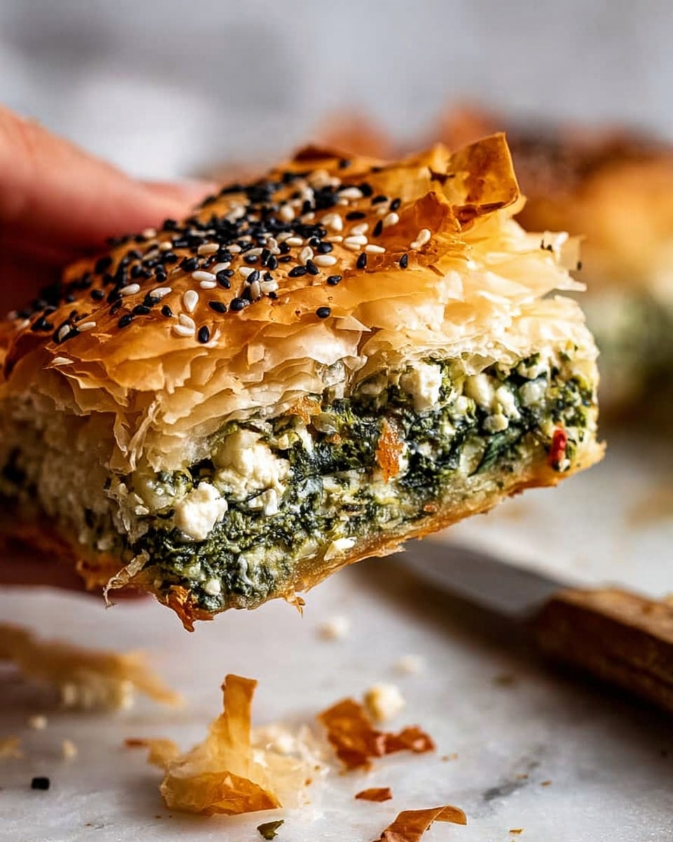 A close-up view of a slice of spinach and cheese pie held by a woman's hand, showing four visible layers: a top golden-brown, flaky phyllo crust sprinkled with black sesame seeds, a thick green spinach and white cheese filling in the middle with a crumbly texture, and a similarly flaky bottom crust. The background has crumbs scattered on a white marbled surface with an out-of-focus blade knife in the background, hinting at the cutting process. photo taken with an iphone --ar 4:5 --v 7
