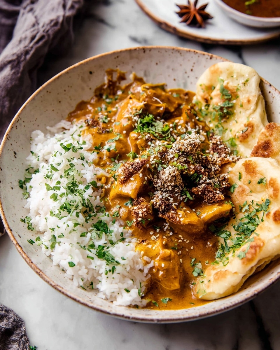 A white bowl filled with three main layers: on the left, fluffy white rice sprinkled with fresh green chopped herbs; in the center, pieces of chicken covered with thick orange-brown curry sauce topped with crunchy dark brown seed clusters and more green herbs; on the right, soft folded naan bread with light brown charred spots, garnished with chopped herbs and some seed clusters. The bowl is placed on a white marbled surface, with folded naan bread visible in the top left corner and a small white plate with sauce, seeds, and star anise on the top right. photo taken with an iphone --ar 4:5 --v 7