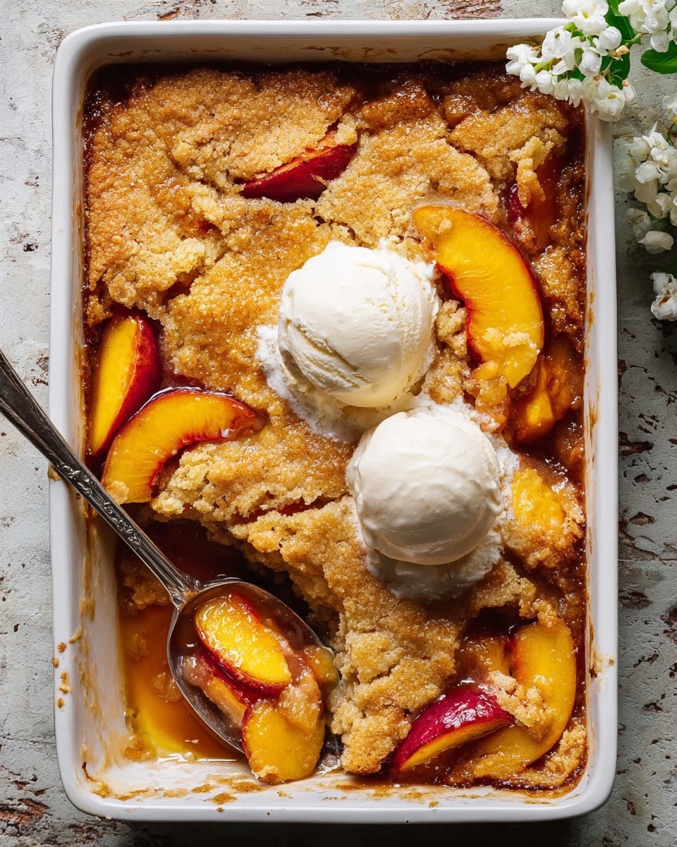 A white rectangular baking dish holds a peach cobbler featuring a golden brown, slightly crispy crust layer with soft, juicy slices of peach visible beneath and on top. Two round scoops of melting white vanilla ice cream sit on the upper right, their creamy texture blending with the warm fruit underneath. Some melted ice cream pools around the peaches, adding a soft white contrast to the warm colors of the cobbler. A silver spoon rests in the bottom left corner, partially submerged in the juicy peach filling. The dish is set on a white marbled surface with some small white flowers near the top right corner. photo taken with an iphone --ar 4:5 --v 7