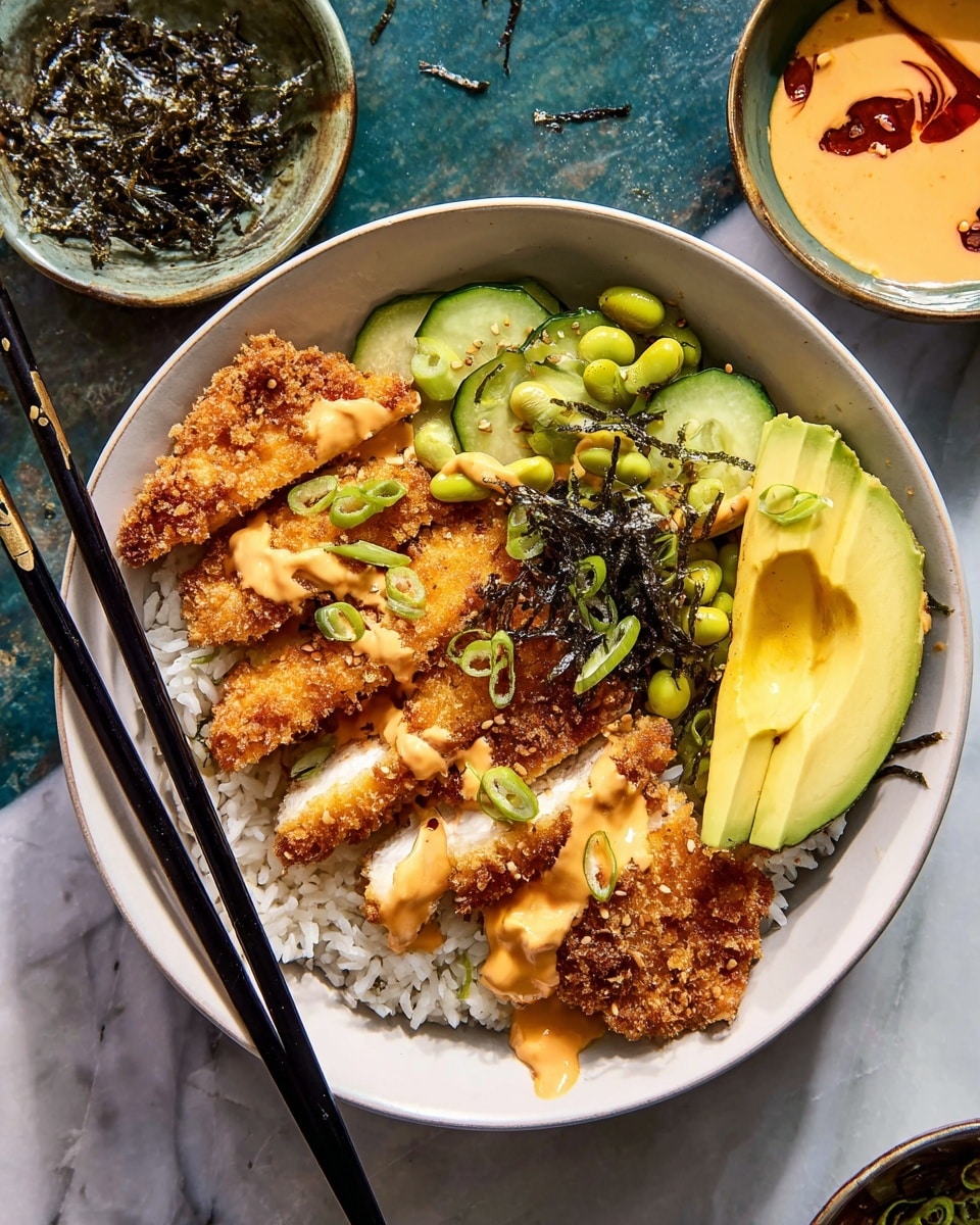 A white bowl filled with a base layer of white rice, topped with golden brown crispy sliced chicken covered with sesame seeds and drizzled with light orange sauce. To the side of the chicken, there are roasted green edamame beans, thin green cucumber slices with small strips of dark seaweed, and three slices of yellow-green avocado also drizzled with the same orange sauce. A few fresh green herb leaves are placed in the middle, and a pair of black chopsticks rest on the right edge of the bowl, with some orange sauce on them. The background has a white marbled texture, and there are two small bowls partially visible in the top-left corner containing more of the orange sauce and seaweed strips. photo taken with an iphone --ar 4:5 --v 7