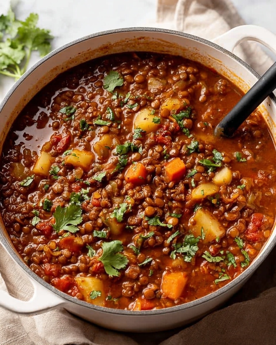 A large white pot filled with thick brown lentil stew that has a mix of small orange carrot cubes, dark lentils, and red tomato pieces. The stew surface has fresh green cilantro leaves scattered on top, with a black ladle resting inside the pot on the right side. The pot sits on a white marbled textured surface with a beige cloth and a metal spoon nearby. photo taken with an iphone --ar 4:5 --v 7
