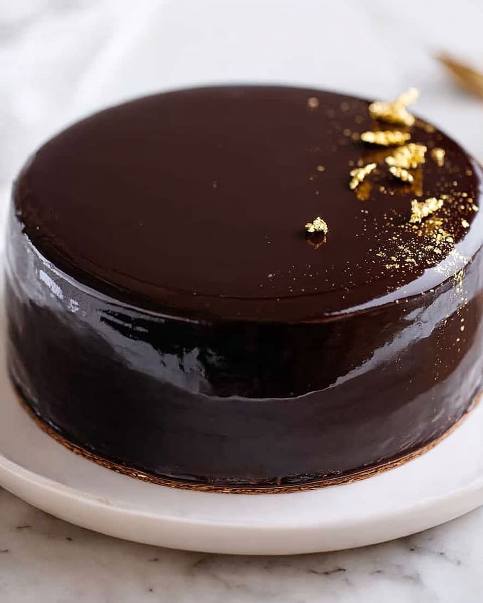 The image shows a round cake with a smooth, shiny dark chocolate glaze covering the entire surface and sides evenly. The glaze is so glossy it reflects light softly. The cake sits on a white plate placed on a white marbled surface. On top, there are small pieces of delicate gold leaf sprinkled towards one side, adding a touch of luxury to the otherwise plain dark surface. The cake looks simple yet elegant with no other decorations or visible layers from the outside. Photo taken with an iphone --ar 4:5 --v 7