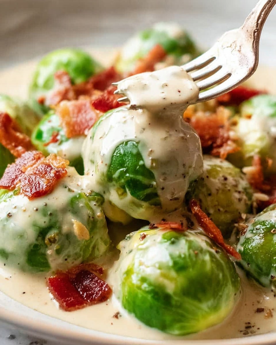 The image shows green Brussels sprouts covered in a thick, creamy white sauce speckled with black pepper. Small crispy bits of browned bacon red pieces are scattered on top, adding a contrast in color and texture. A silver fork is lifting one Brussels sprout coated in sauce in the center of the image. The dish is set on a white marbled texture, making the green, white, and red colors stand out vividly. The overall look is rich and comforting, with a mix of smooth sauce, tender sprouts, and crispy bacon. photo taken with an iphone --ar 4:5 --v 7