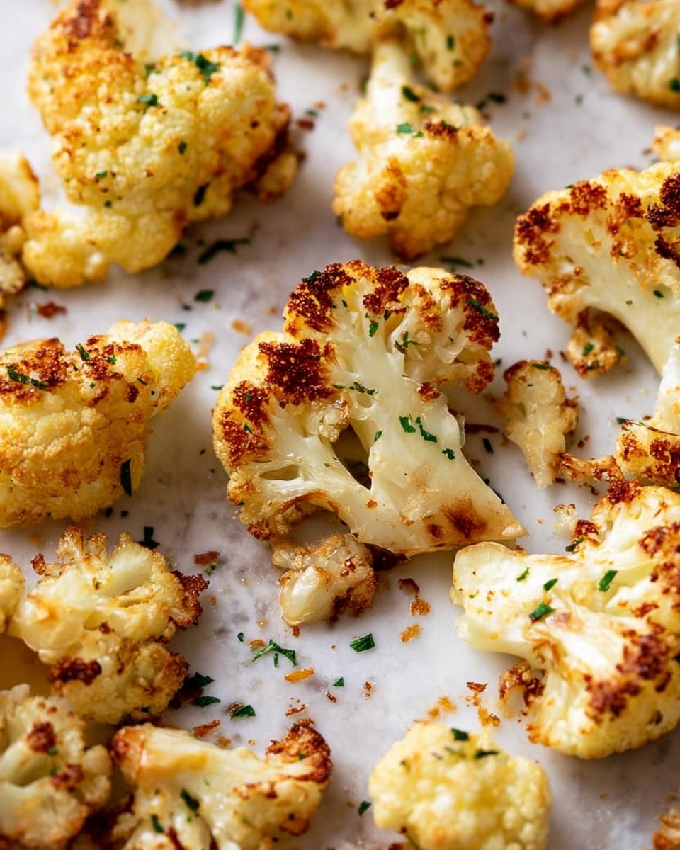 This image shows multiple pieces of roasted cauliflower scattered across a white marbled surface. Each cauliflower floret has a light golden-brown crust with crispy, browned edges and a textured surface from roasting. Small bits of green herbs are sprinkled over and between the florets, adding color contrast and freshness. The florets vary in size and shape, some with visible char marks, creating a rustic and savory appearance. photo taken with an iphone --ar 4:5 --v 7