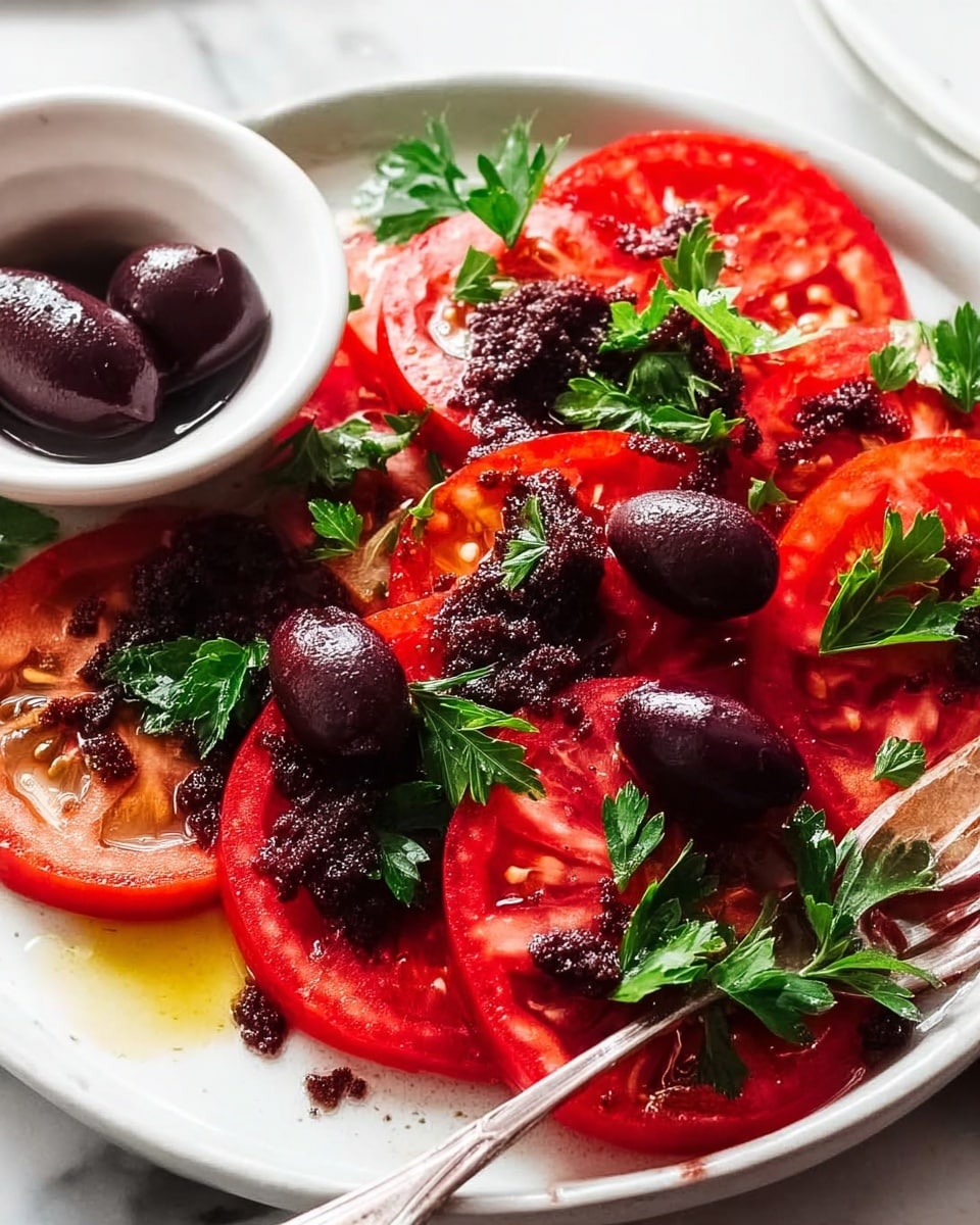 The image shows a white plate filled with several bright red tomato slices layered evenly across the surface. On top of the tomato slices, there are small dollops of dark, coarse olive tapenade scattered throughout along with whole dark purple olives. Fresh green parsley leaves are placed both underneath and on the tapenade, adding a burst of color and texture. A small white bowl holding extra olive tapenade and an olive is placed at the bottom left corner of the plate. The fork is partially visible on the left side beneath the tomato slices, resting on the edges of the plate. The setting is on a white marbled surface. photo taken with an iphone --ar 4:5 --v 7