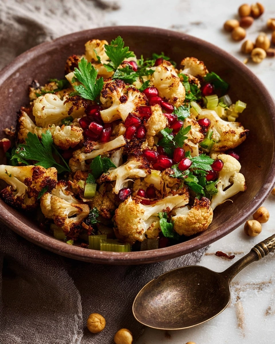 A brown bowl filled with roasted cauliflower pieces that are golden brown with some charred edges, mixed with bright green parsley leaves and light green celery slices. Scattered on top are glossy red pomegranate seeds and beige hazelnuts, adding texture and color contrast. The bowl sits on a white marbled surface with a gold and black spoon placed nearby, and some loose hazelnuts scattered around. Photo taken with an iphone --ar 4:5 --v 7