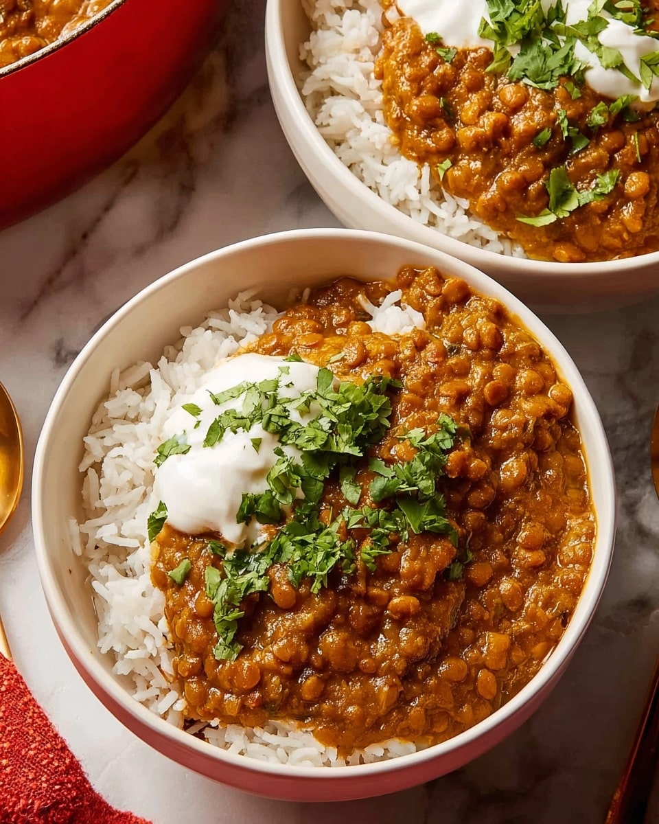 The image shows a white bowl filled with plain white rice on the left side and a thick, brownish-orange lentil stew covering the right side of the bowl. On top of the stew, there is a dollop of white sour cream or yogurt, and fresh green cilantro leaves are sprinkled over both the stew and the sour cream. The bowl is placed on a white marbled surface with two similar bowls partially visible around it, and a red pot handle can be seen in the upper right corner. The textures include the fluffy rice grains, the chunky and creamy stew, and the smooth sour cream with fresh herbs. Photo taken with an iphone --ar 4:5 --v 7